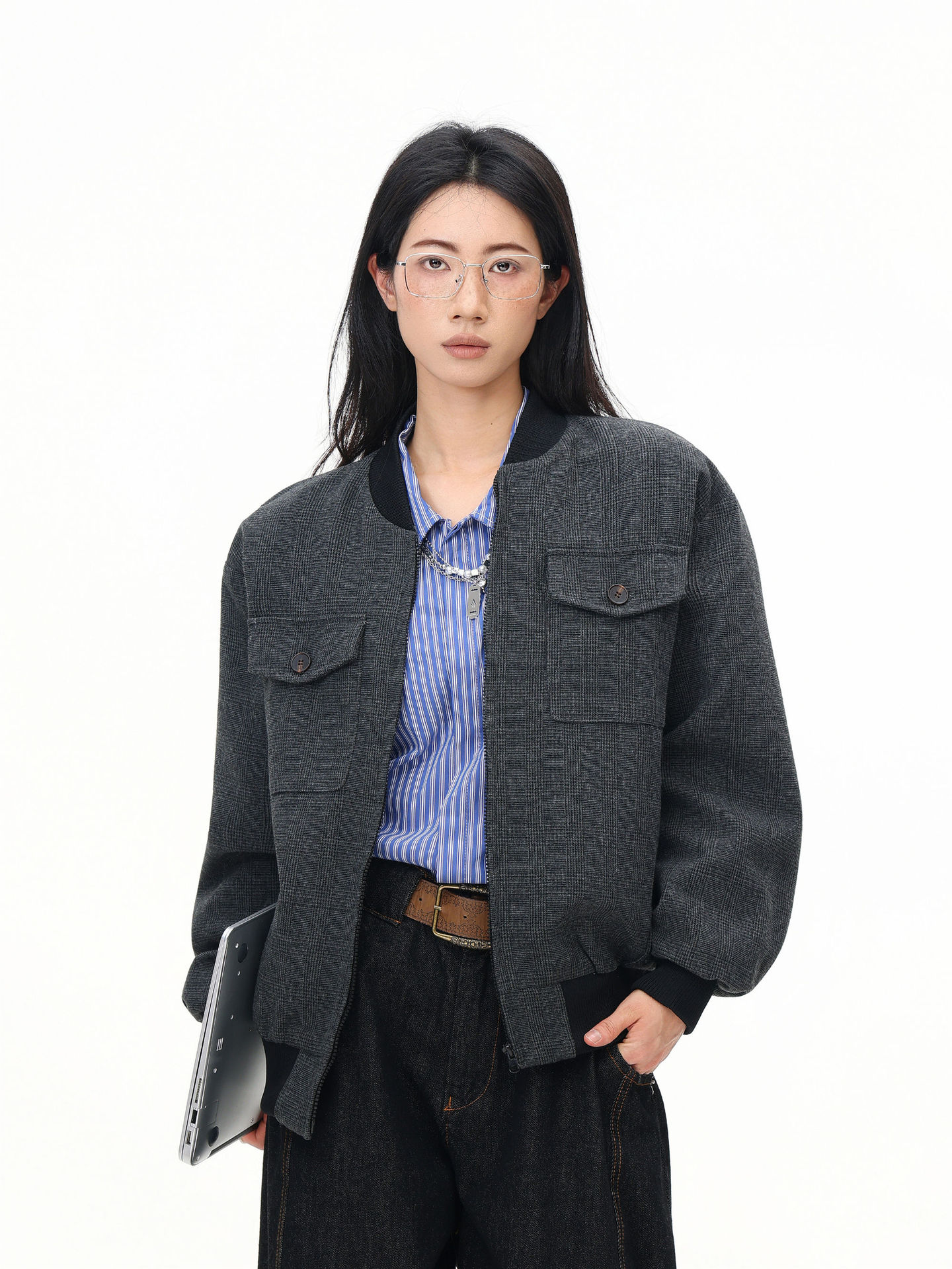 Vintage Gray Jacket with Flip Collar - Detail Closeup