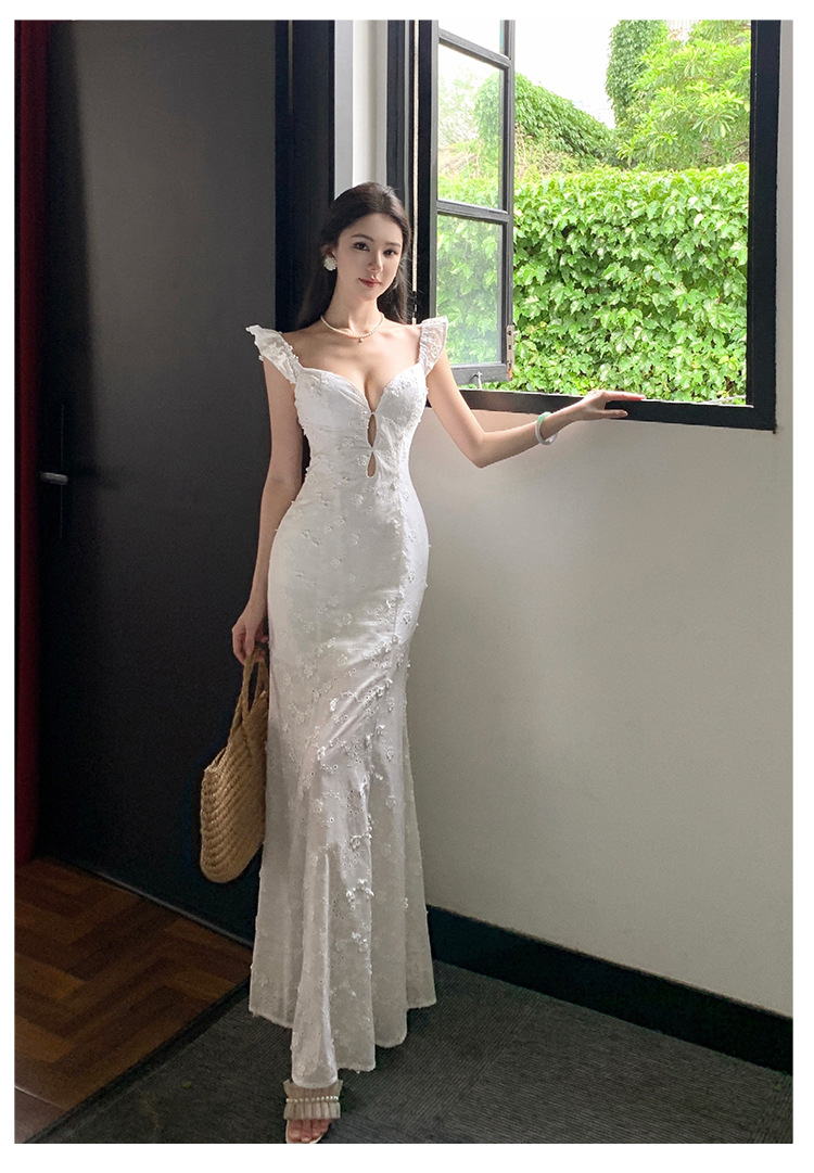 Flutter Sleeve Cream White French Lace Fitted Floral Maxi Dress E57E962D1B5F4CB27346E32298308395