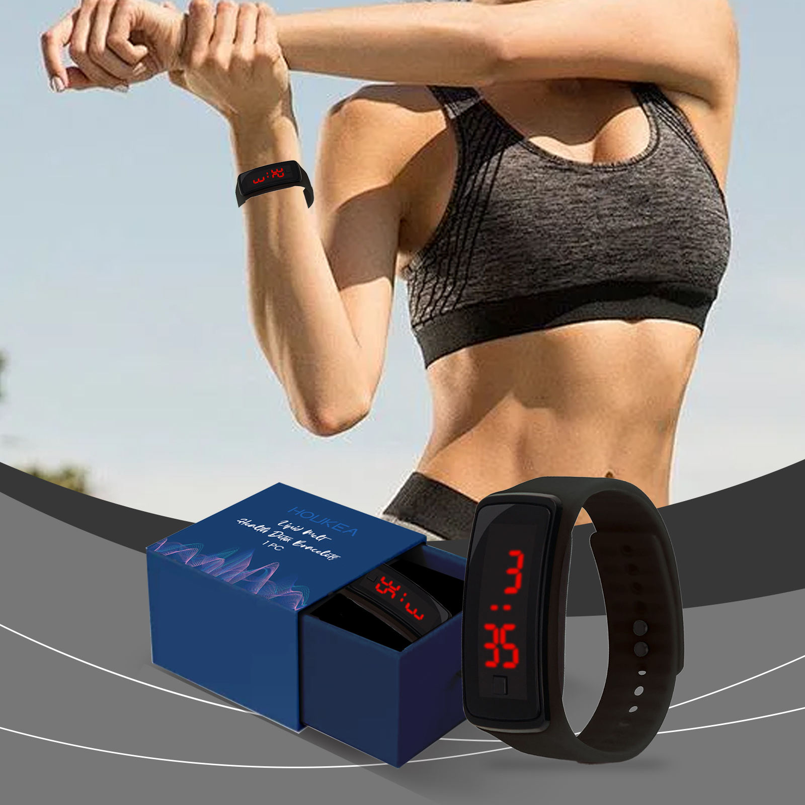 Digital sports watch visible on wrist during stretching