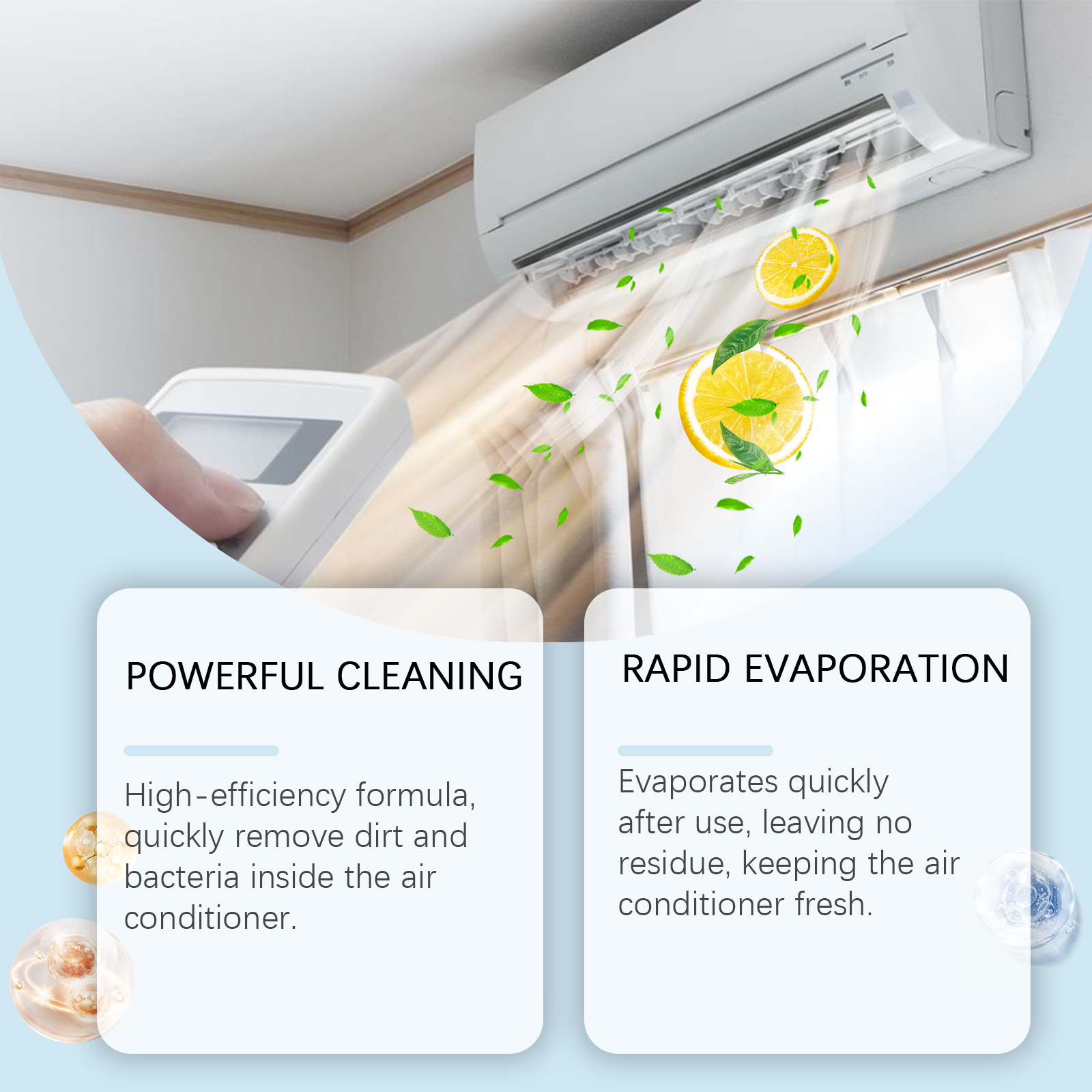 Close-up of AC unit interior with hand holding cleaner spray, showing powerful cleaning and rapid evaporation