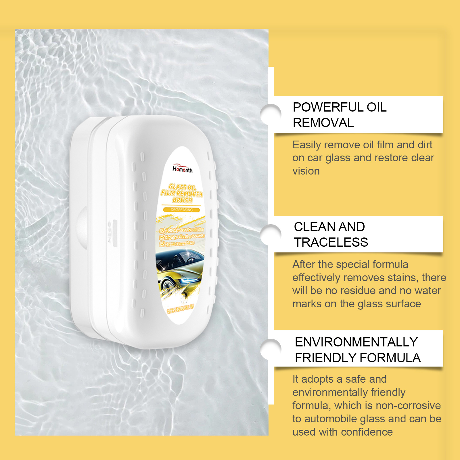 Glass cleaning brush with oil removal benefit panels