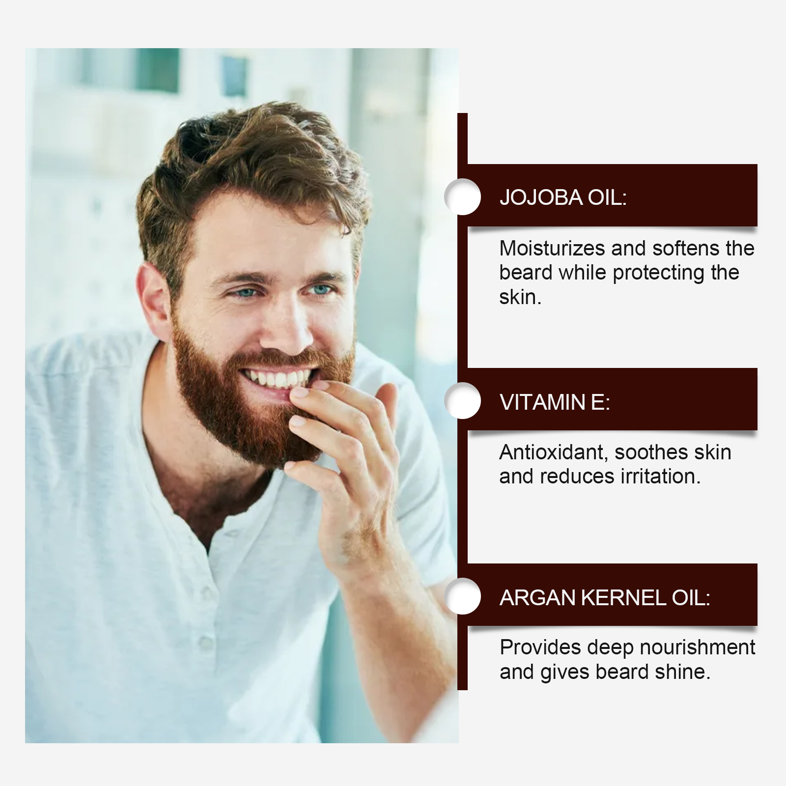 Jojoba vitamin E and argan oils beside beard