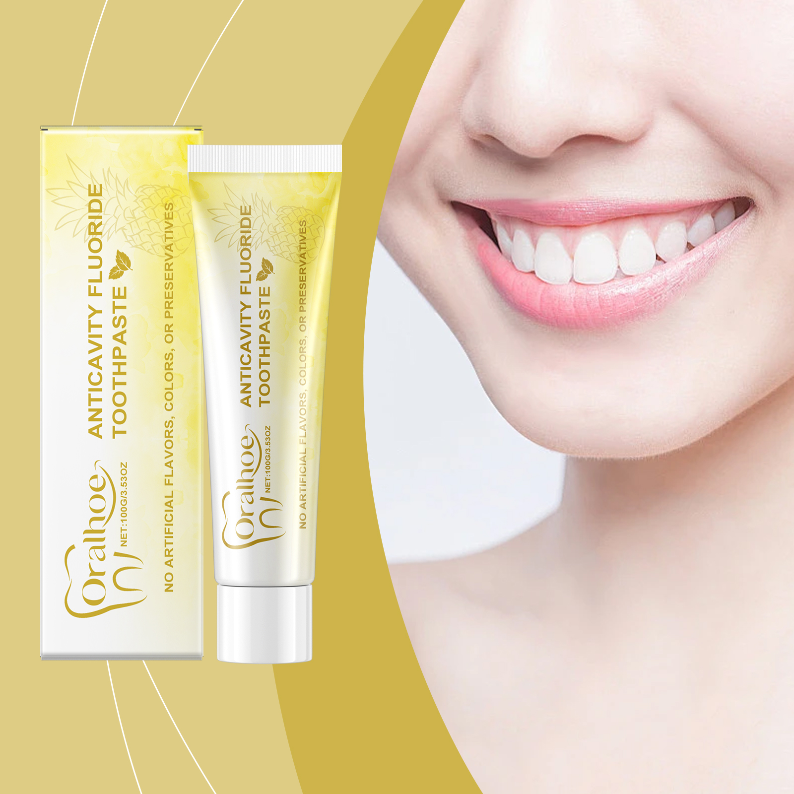 Smiling mouth beside pineapple toothpaste lifestyle scene