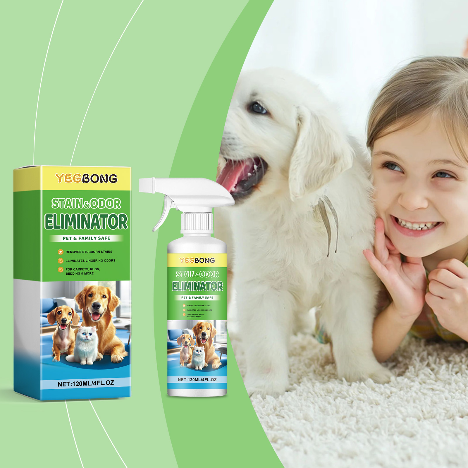 Yegbong cleaner beside child and white dog
