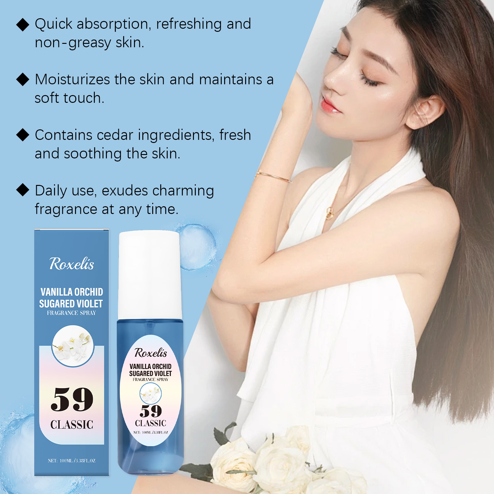 Orchid body spray and woman in white dress