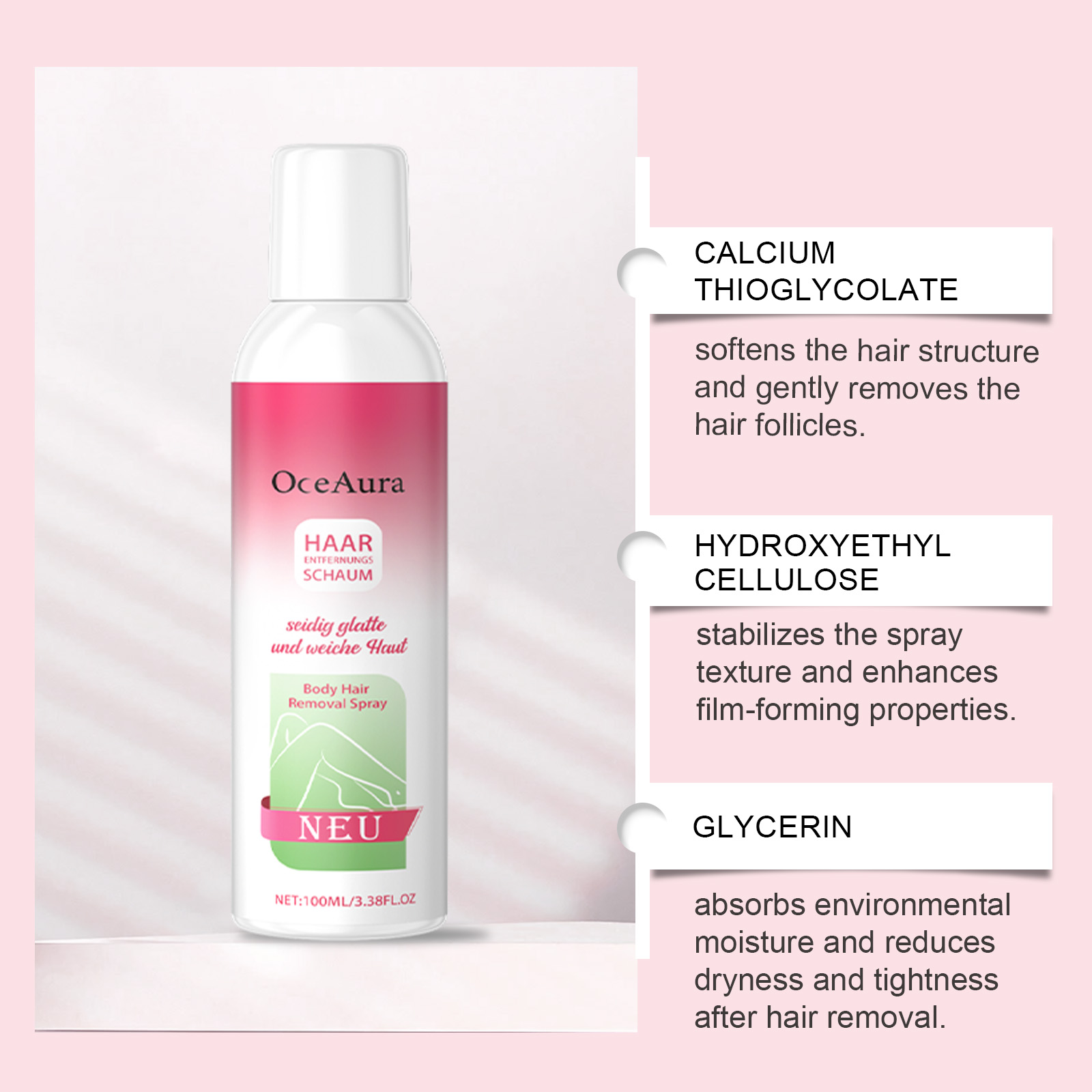 OceAura bottle with calcium thioglycolate ingredient details