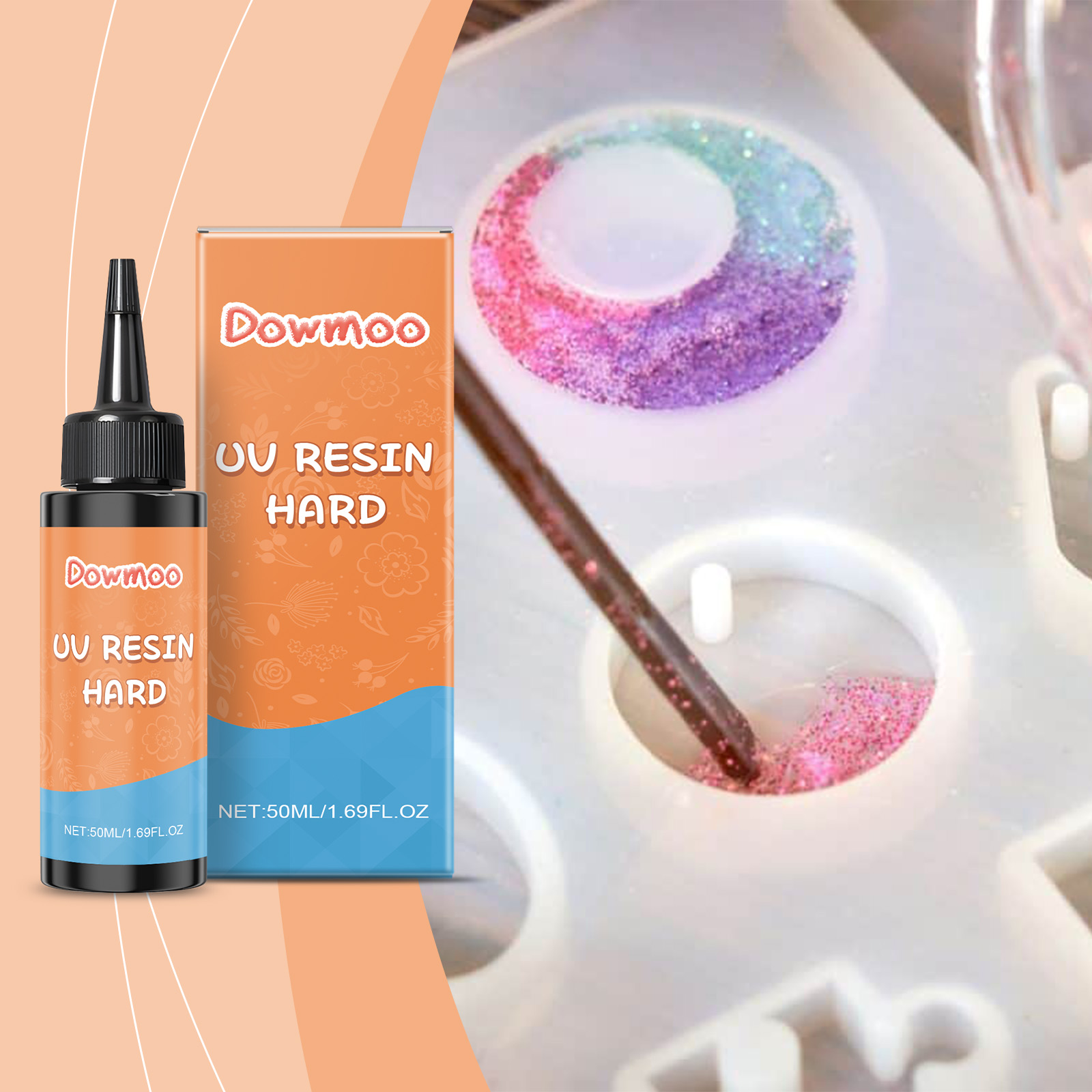 UV resin packaging beside colorful craft pieces