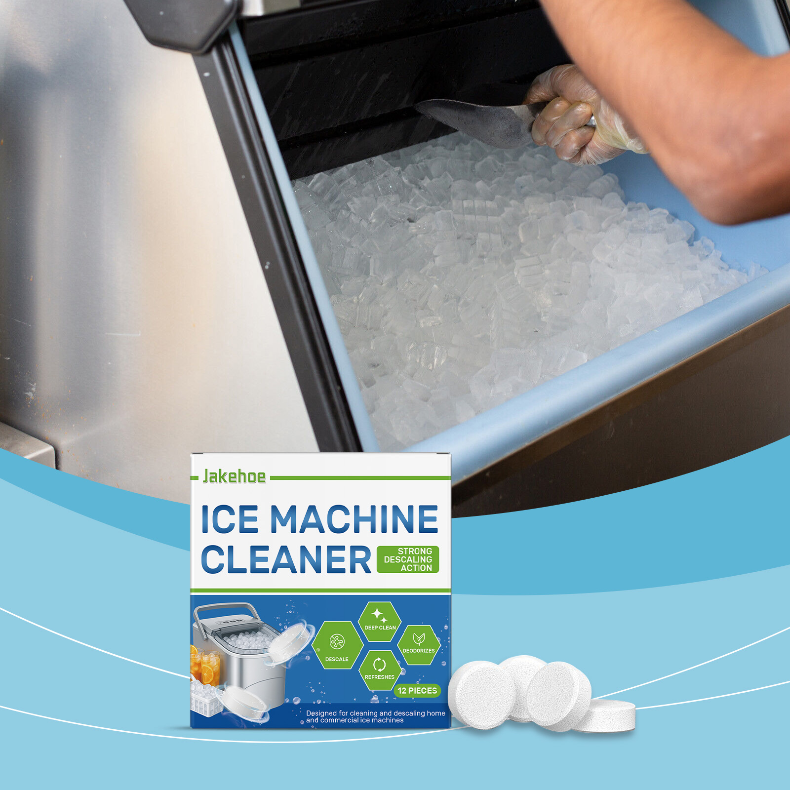 Side-by-side benefit callouts showing deep cleaning and fresh deodorization with animated leaf elements over ice bin