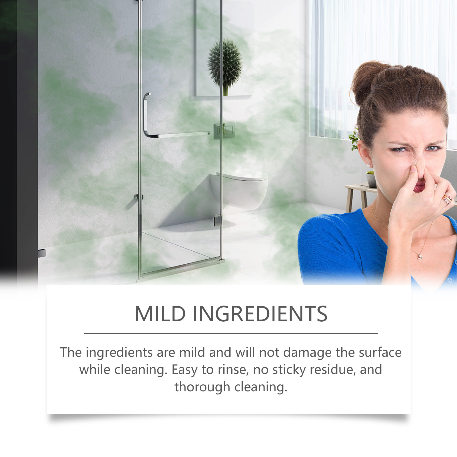 Woman looking at bathroom glass shower with water spots, text overlay 'MILD INGREDIENTS' showing surface-safe formula