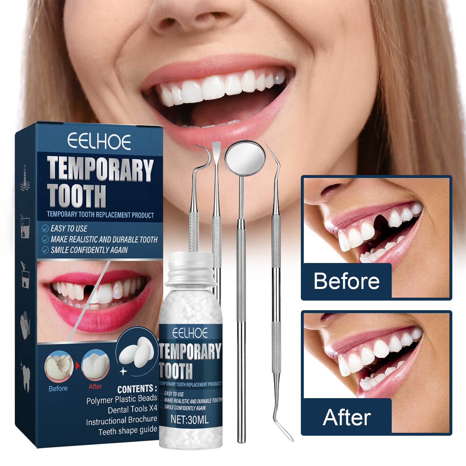 White polymer beads beside temporary tooth shape examples