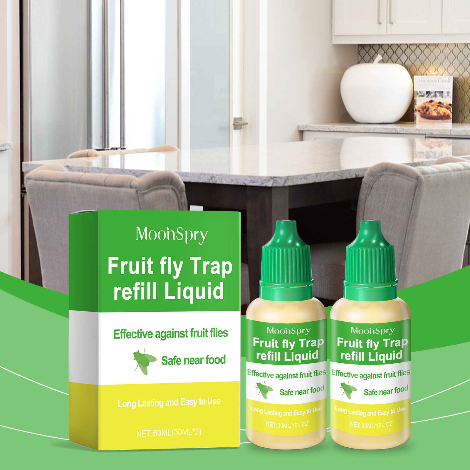Fruit fly refill set displayed near kitchen food area