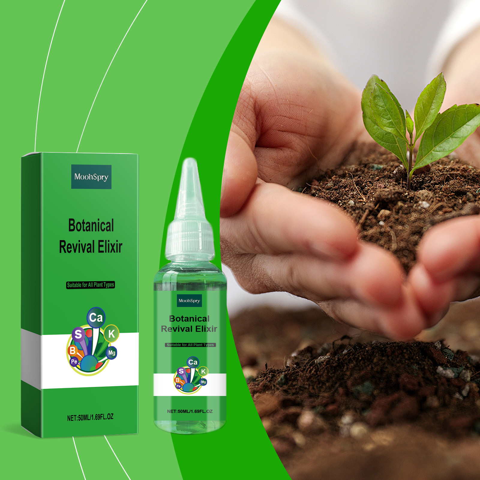 Home gardener planting a seedling with nutrient solution nearby