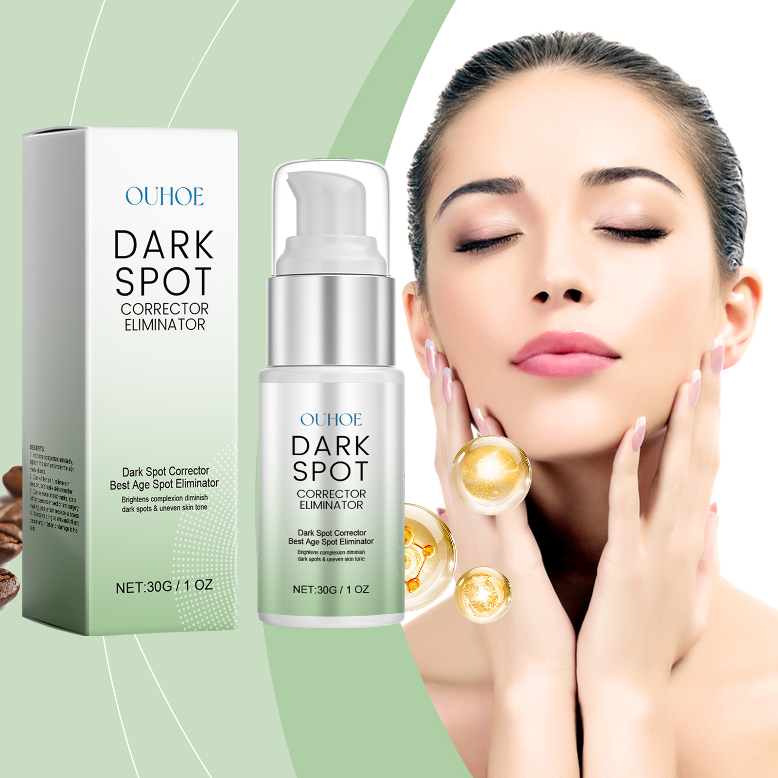 Woman touching her face beside OUHOE pale-green moisturizer