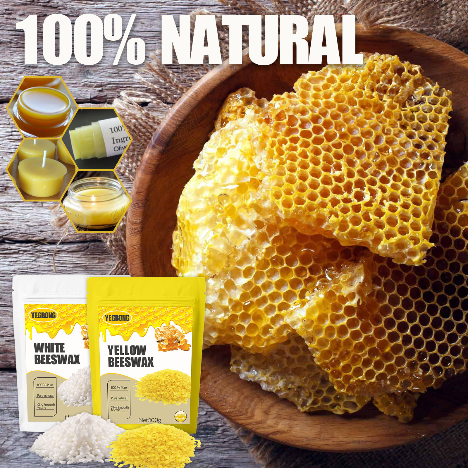 Natural beeswax pieces beside honeycomb