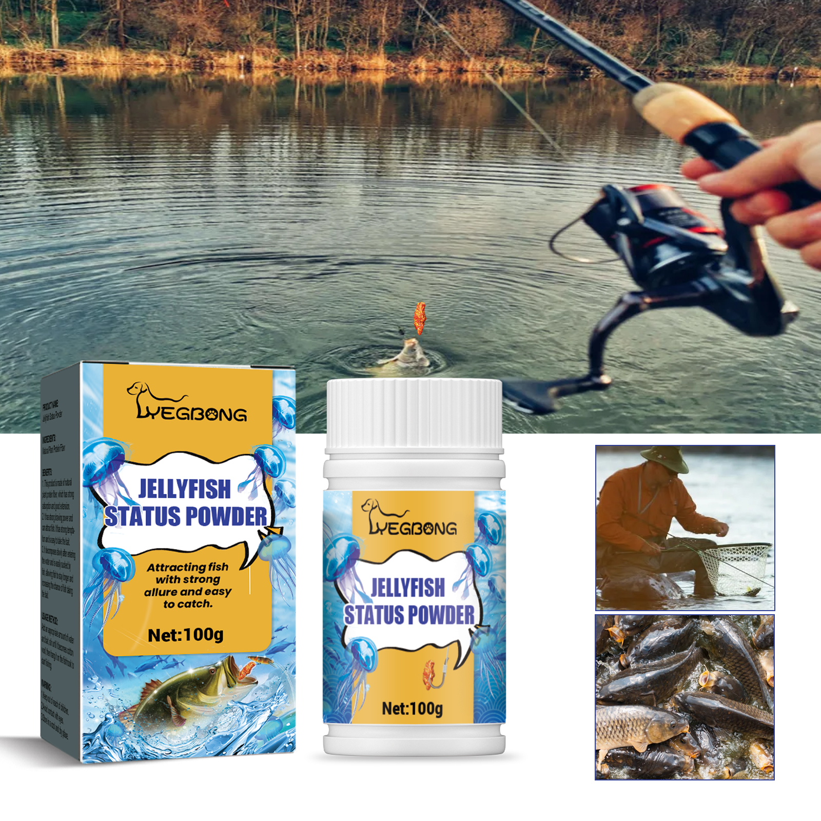 Angler fishing beside a lake with attractant nearby