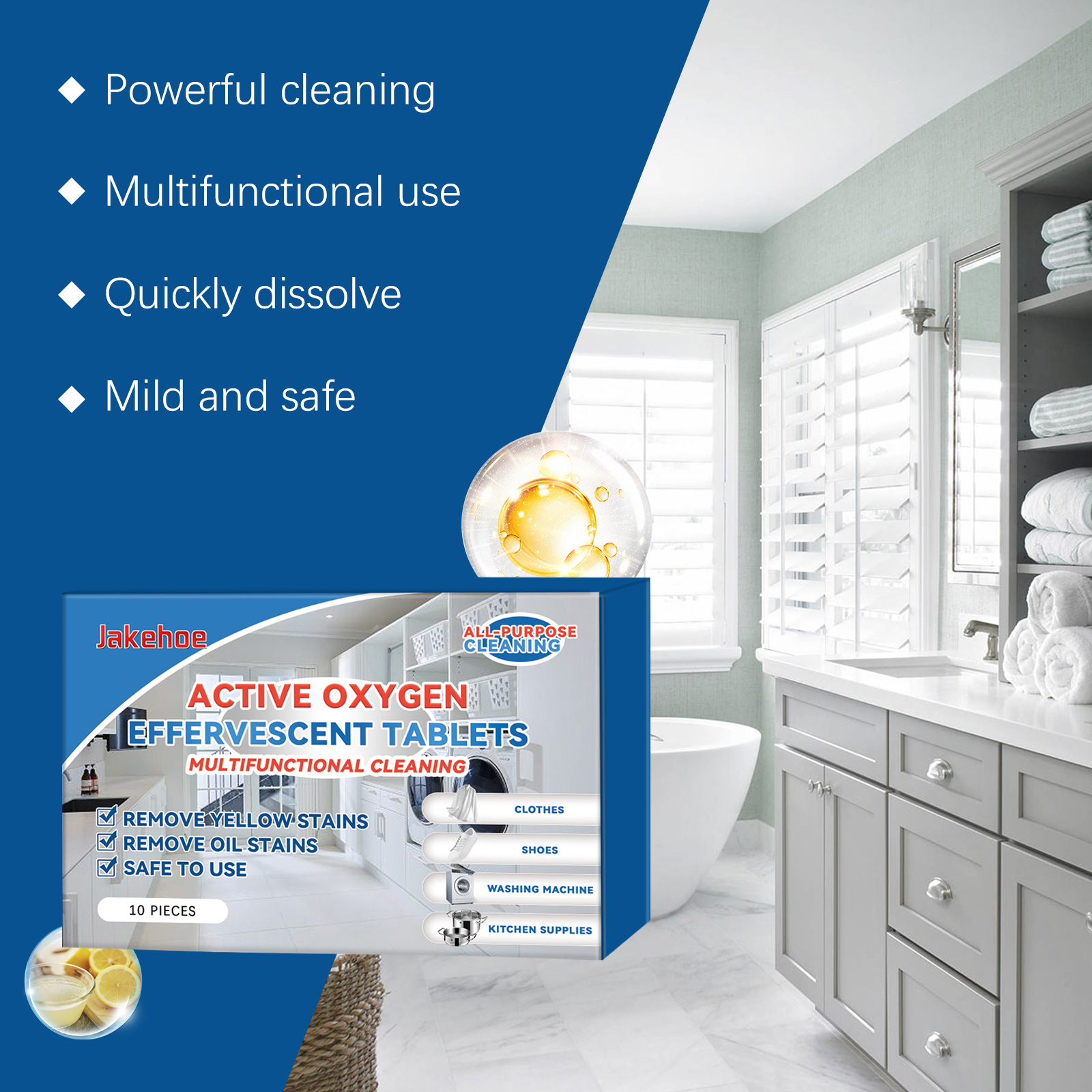 Product benefits displayed: powerful cleaning, multifunctional, quick dissolve, safe formula