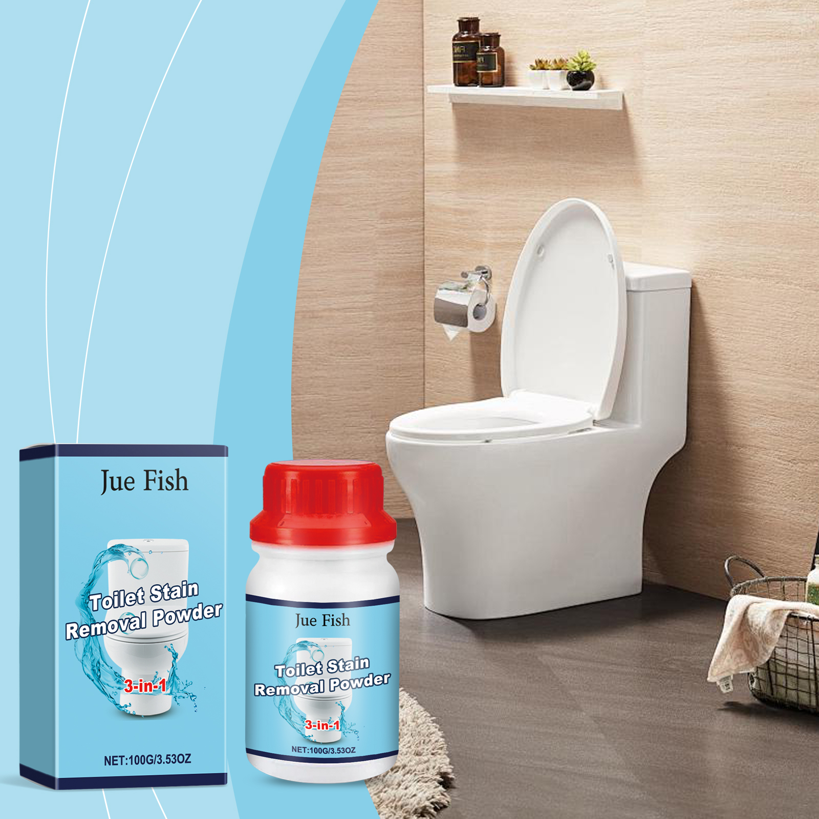 Jue Fish powder next to a clean toilet, showing real-world application