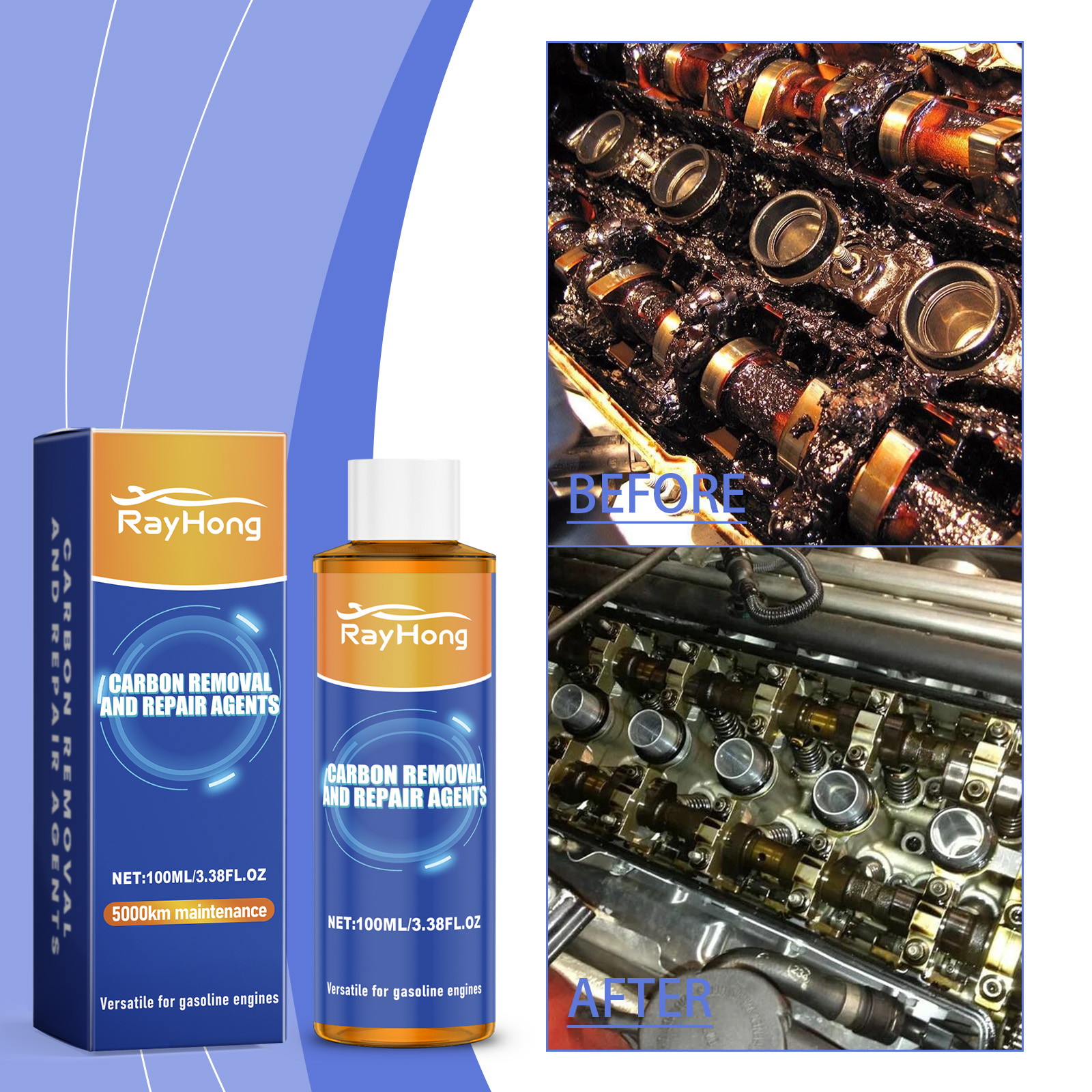 Engine component comparison showing carbon residue reduction