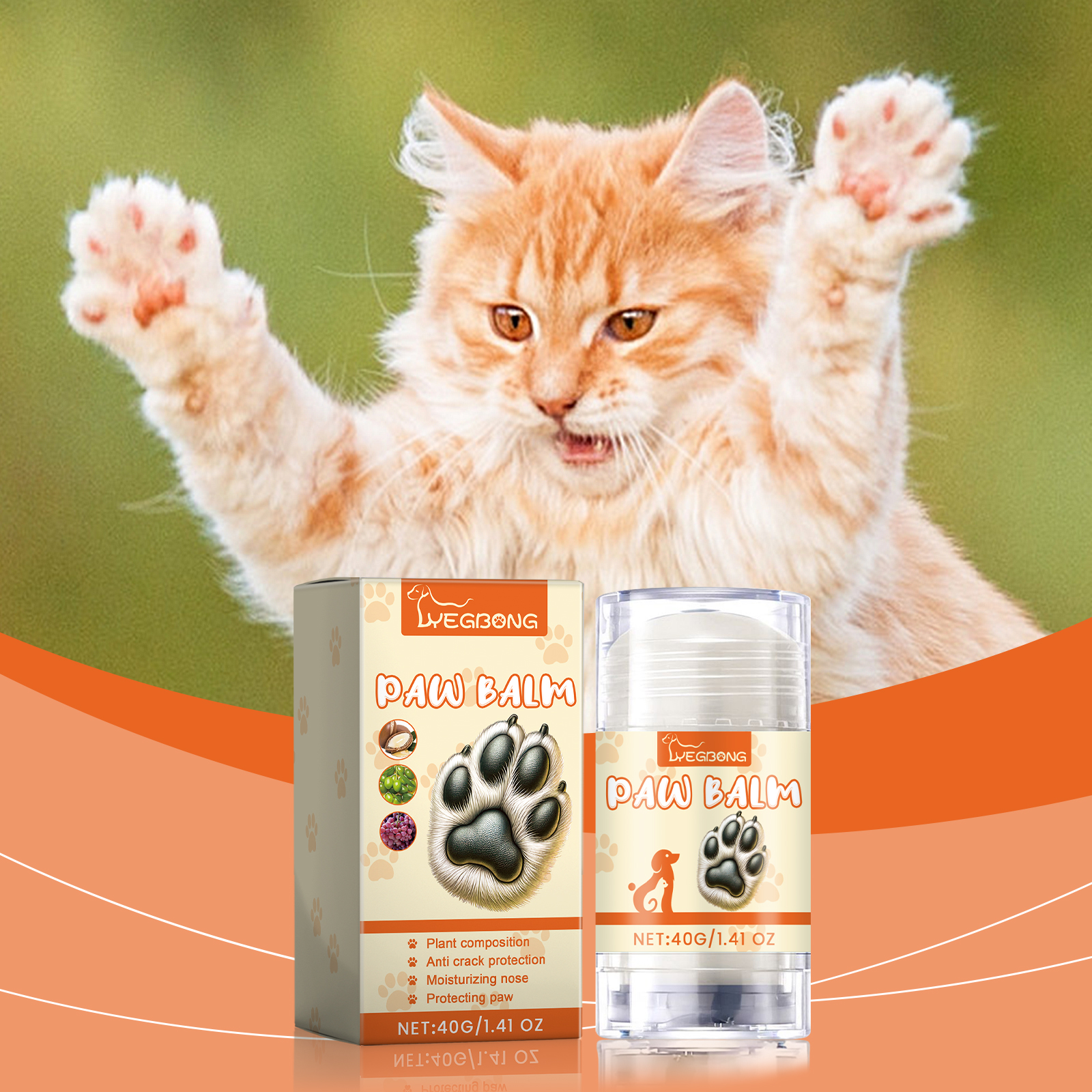 Portable pet balm shown with playful orange kitten