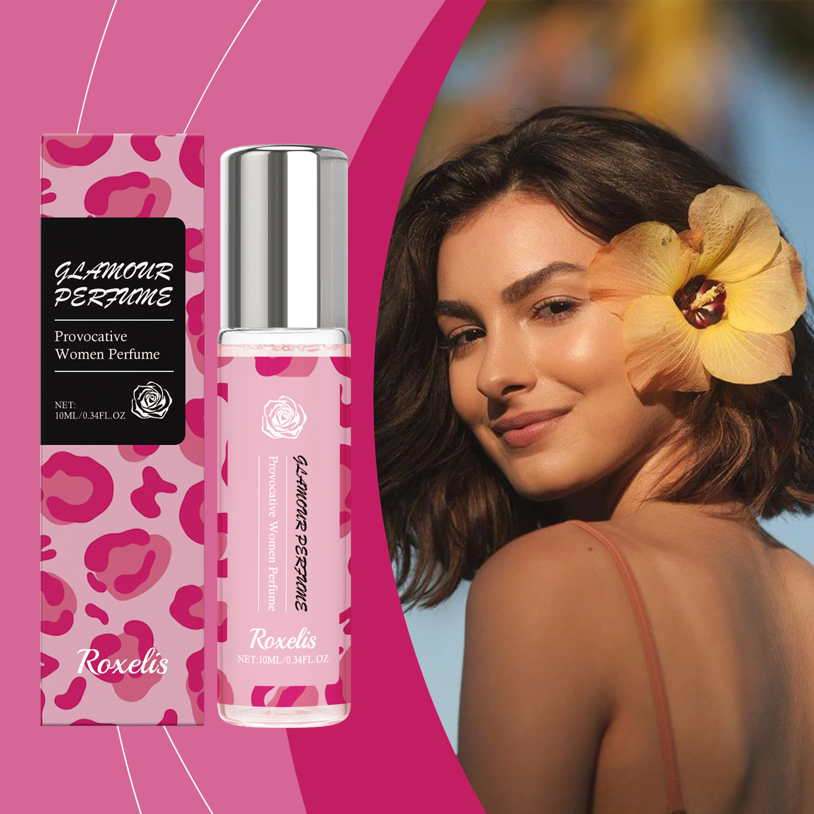 Pink Roxelis perfume packaging with feminine lifestyle styling