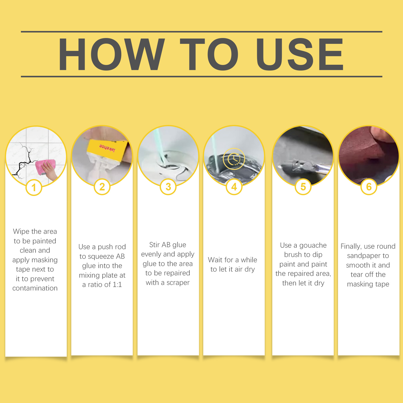 Tile repair accessories arranged for careful surface finishing