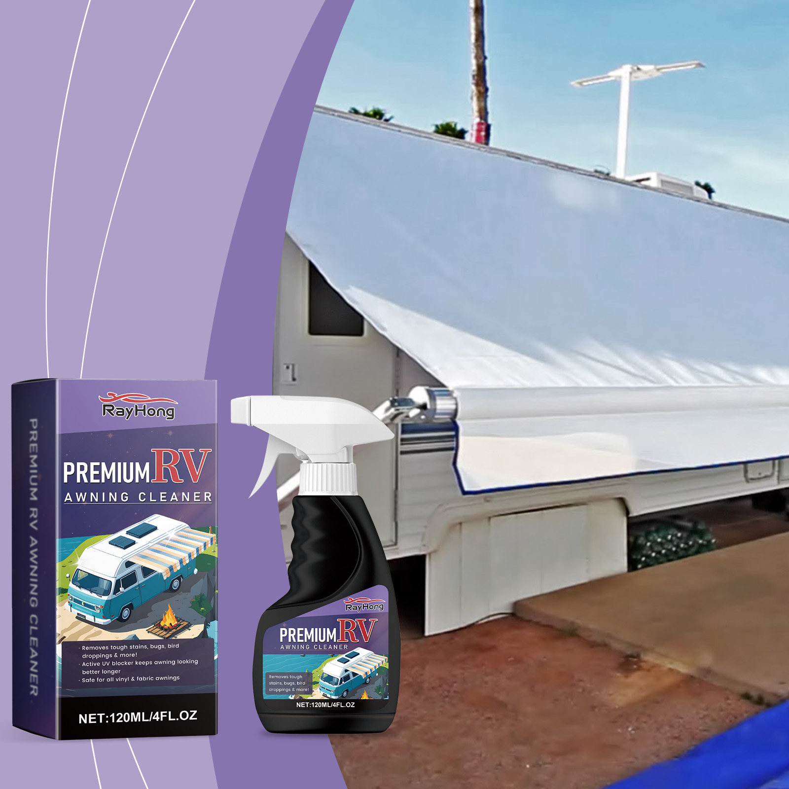 Rayhong cleaner beside deployed RV awning