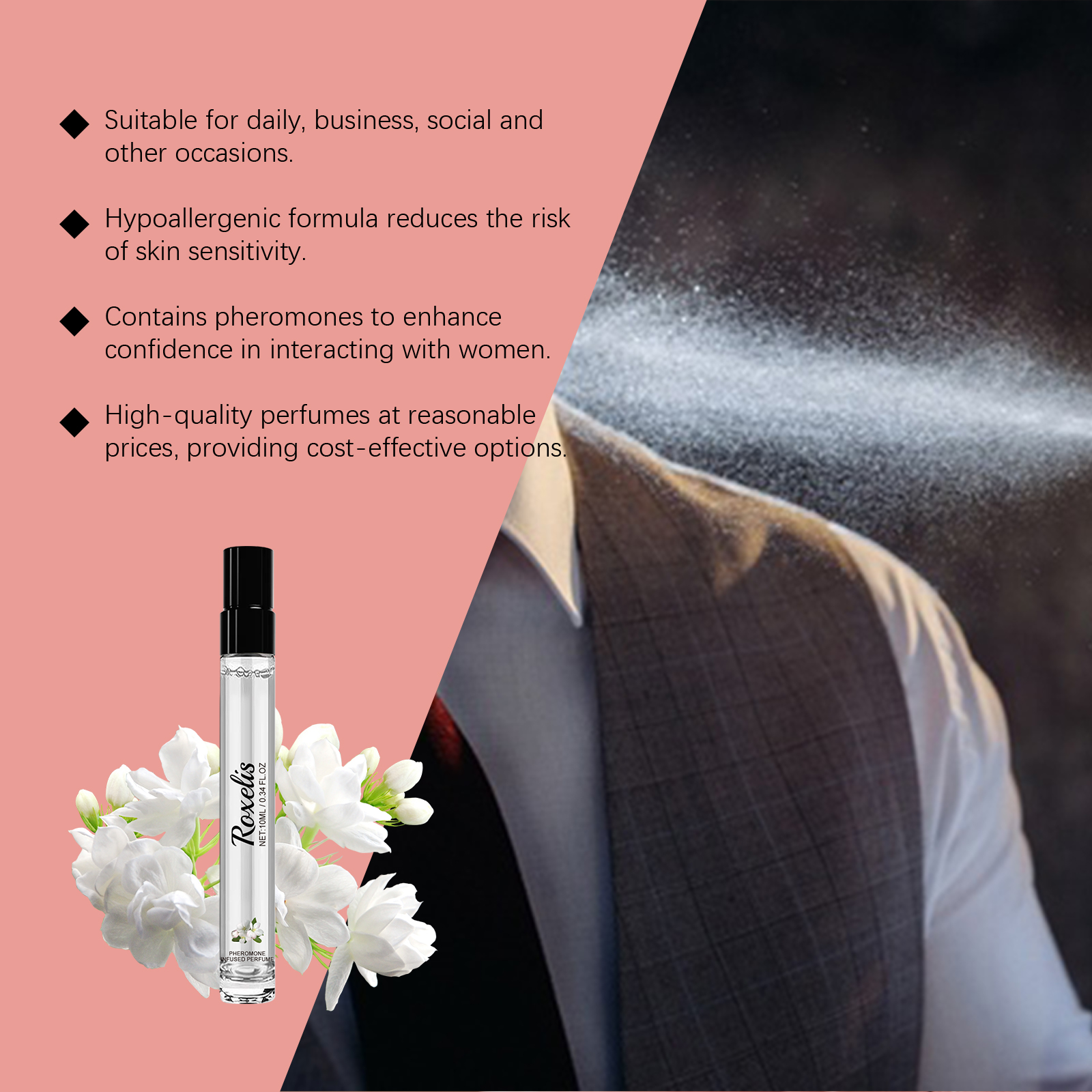 Roxelis jasmine perfume beside white flowers and man