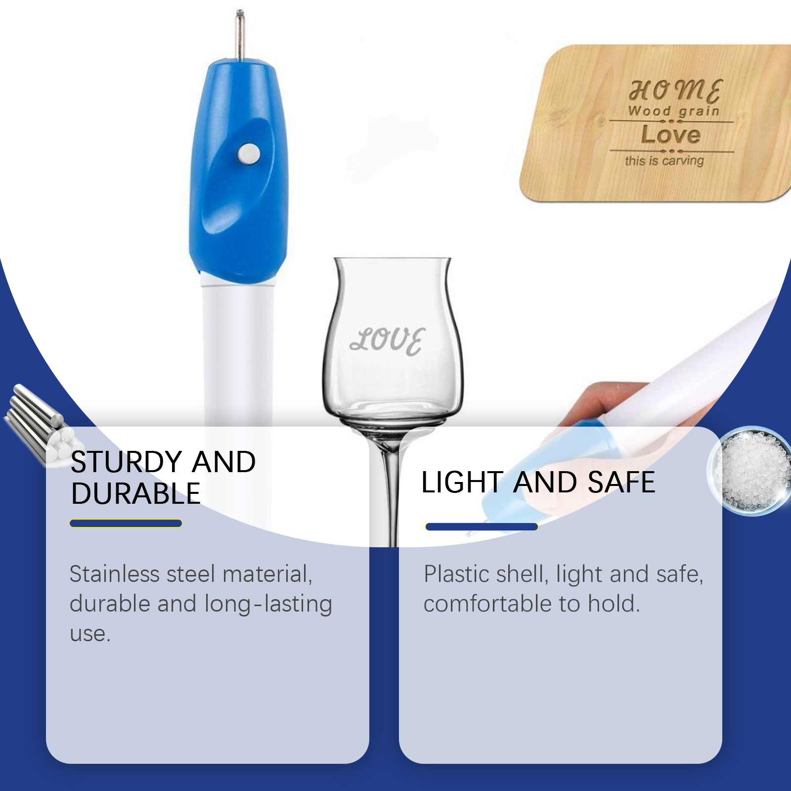 Lightweight blue plastic engraving pen in hand