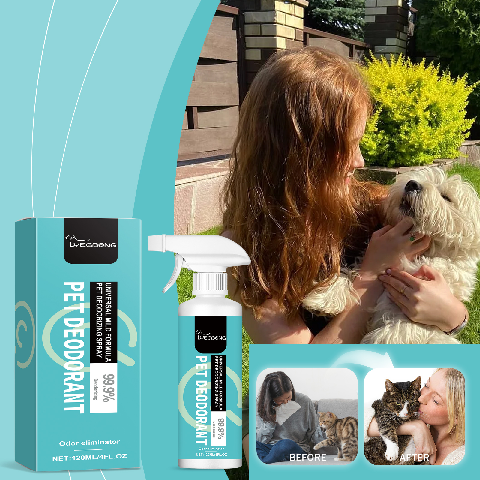 Pet deodorant packaging beside small dog