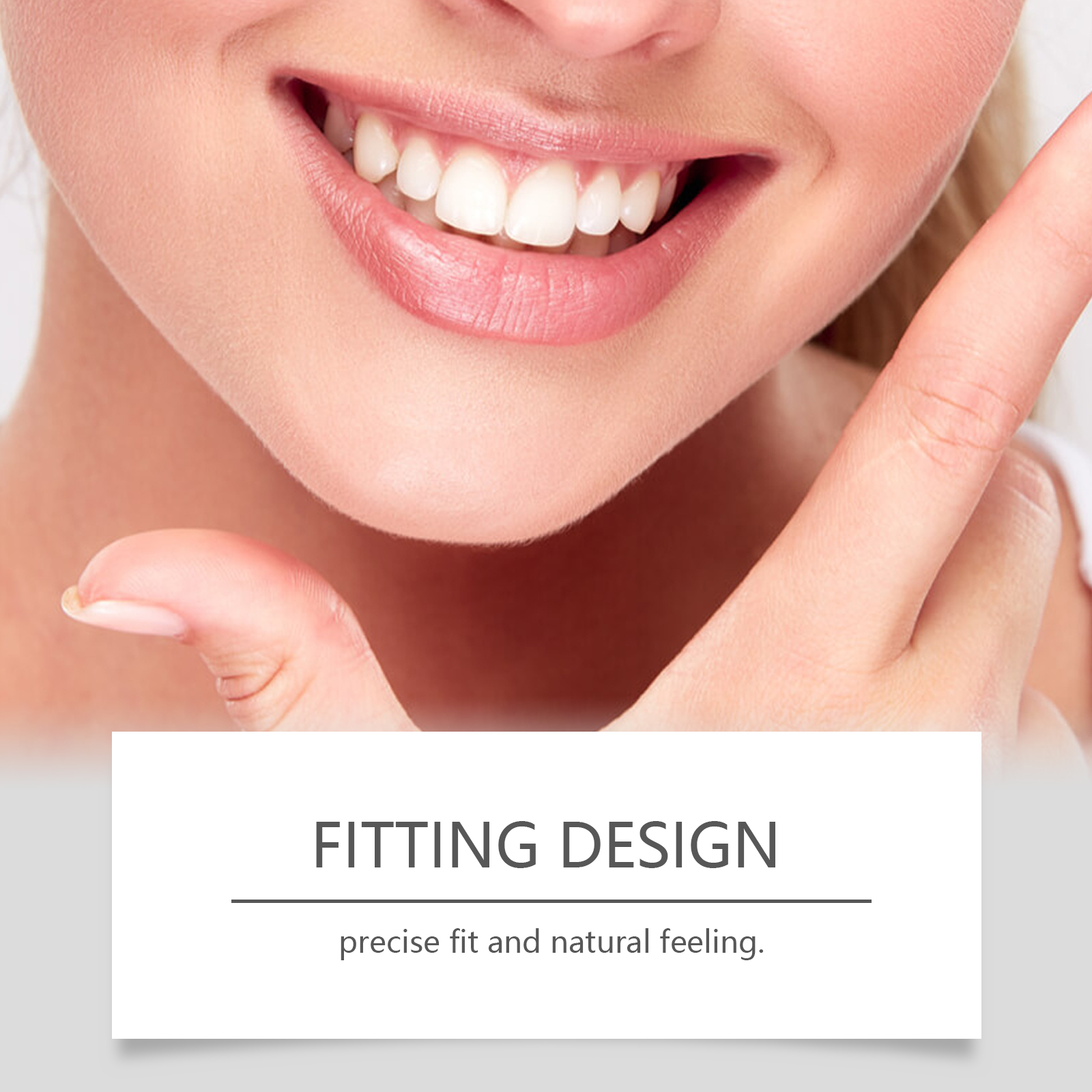 Cosmetic denture fitting design shown beside smiling woman