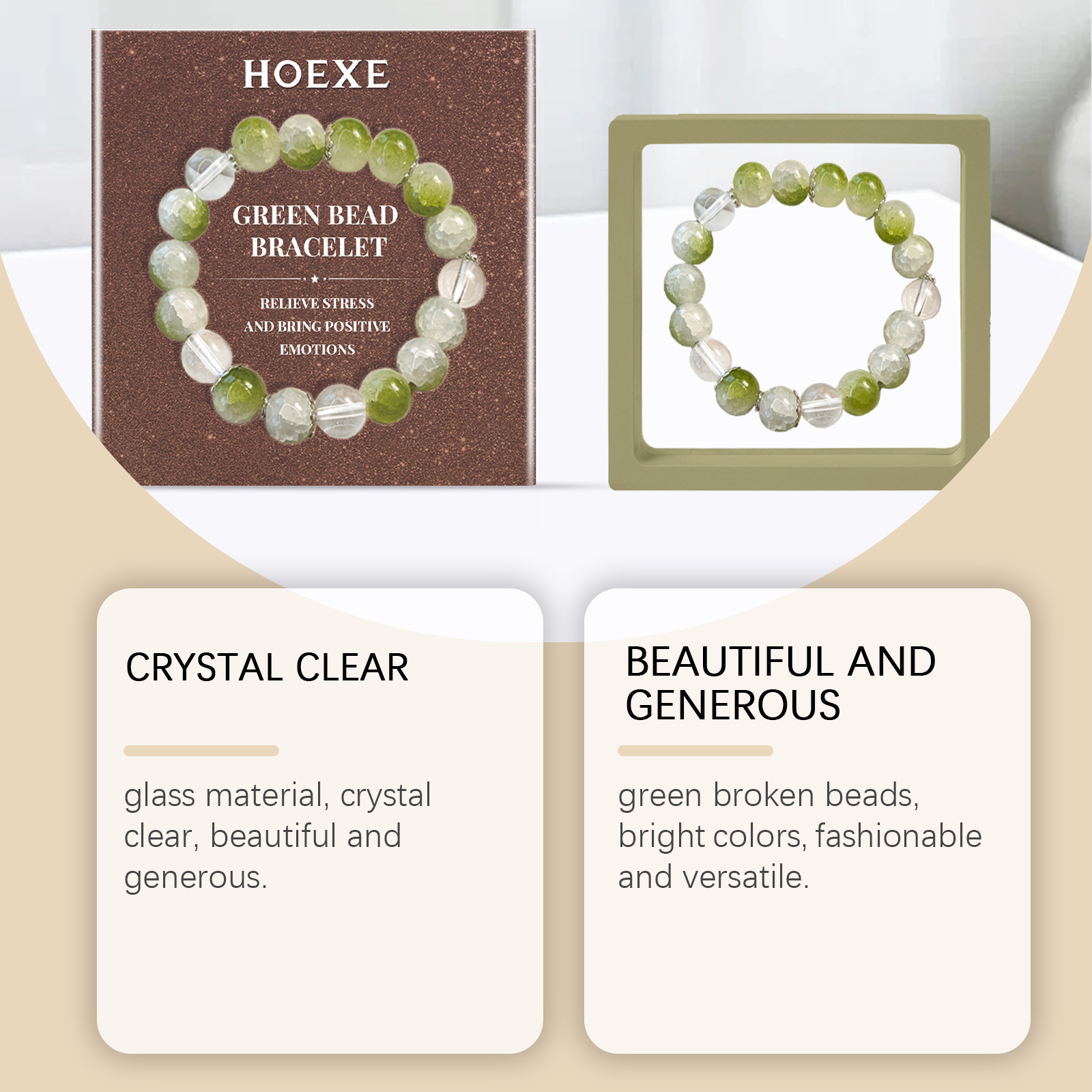 Glossy green and crystal-clear round bead arrangement