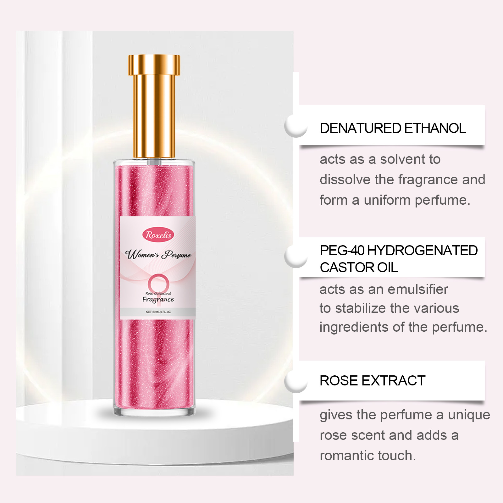 Rose perfume bottle with visible ingredient callouts