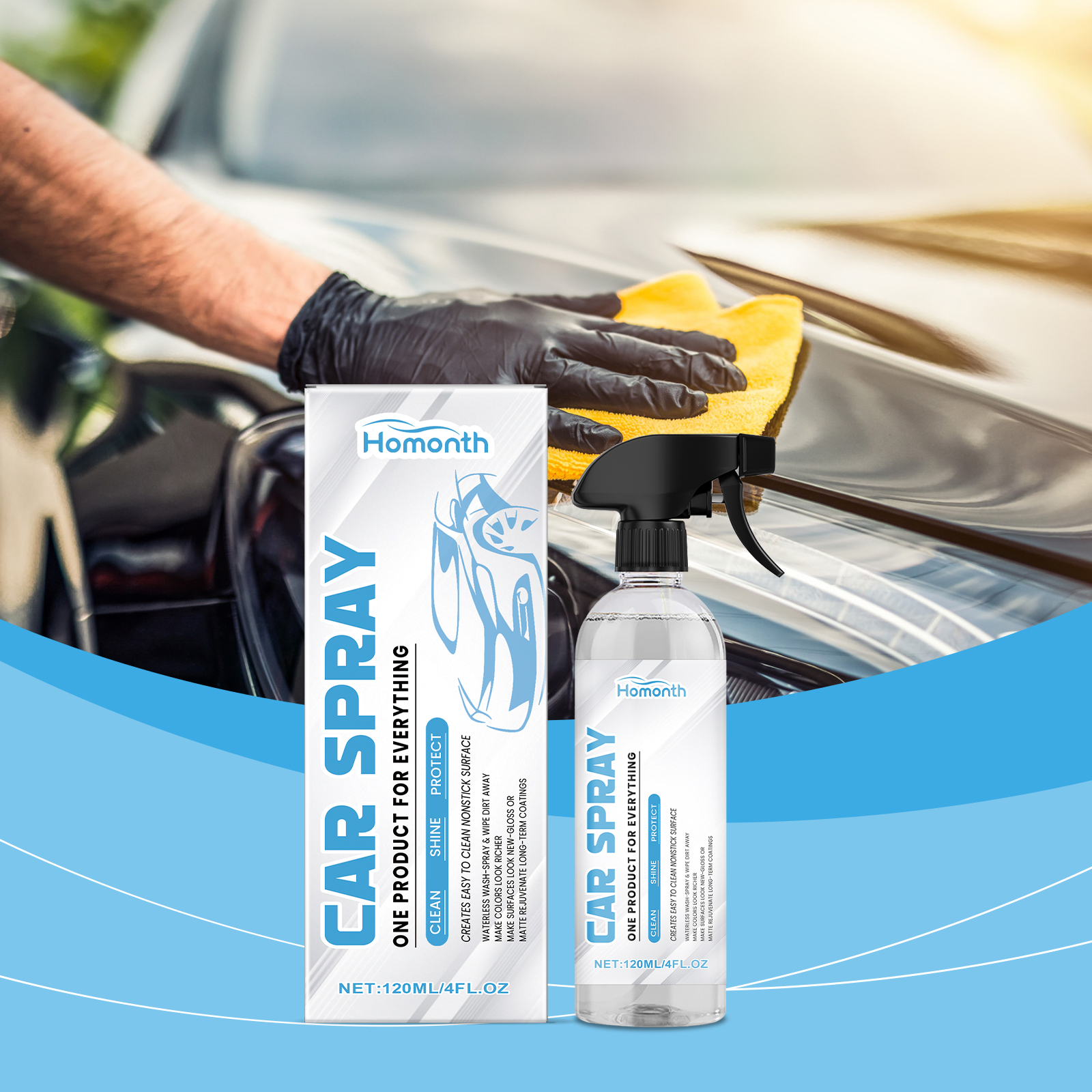 Homonth spray bottle used beside a freshly cleaned car