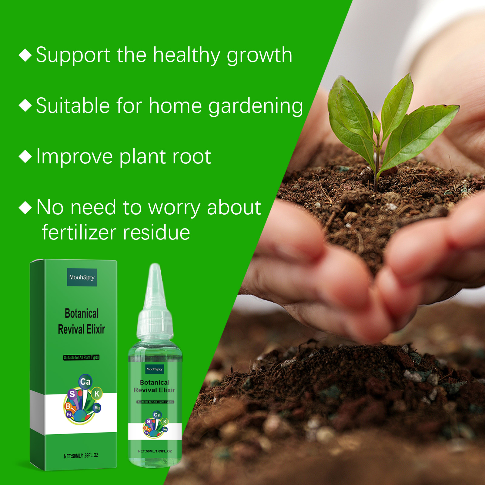 Green nutrient packaging with mineral symbols and plant-care message