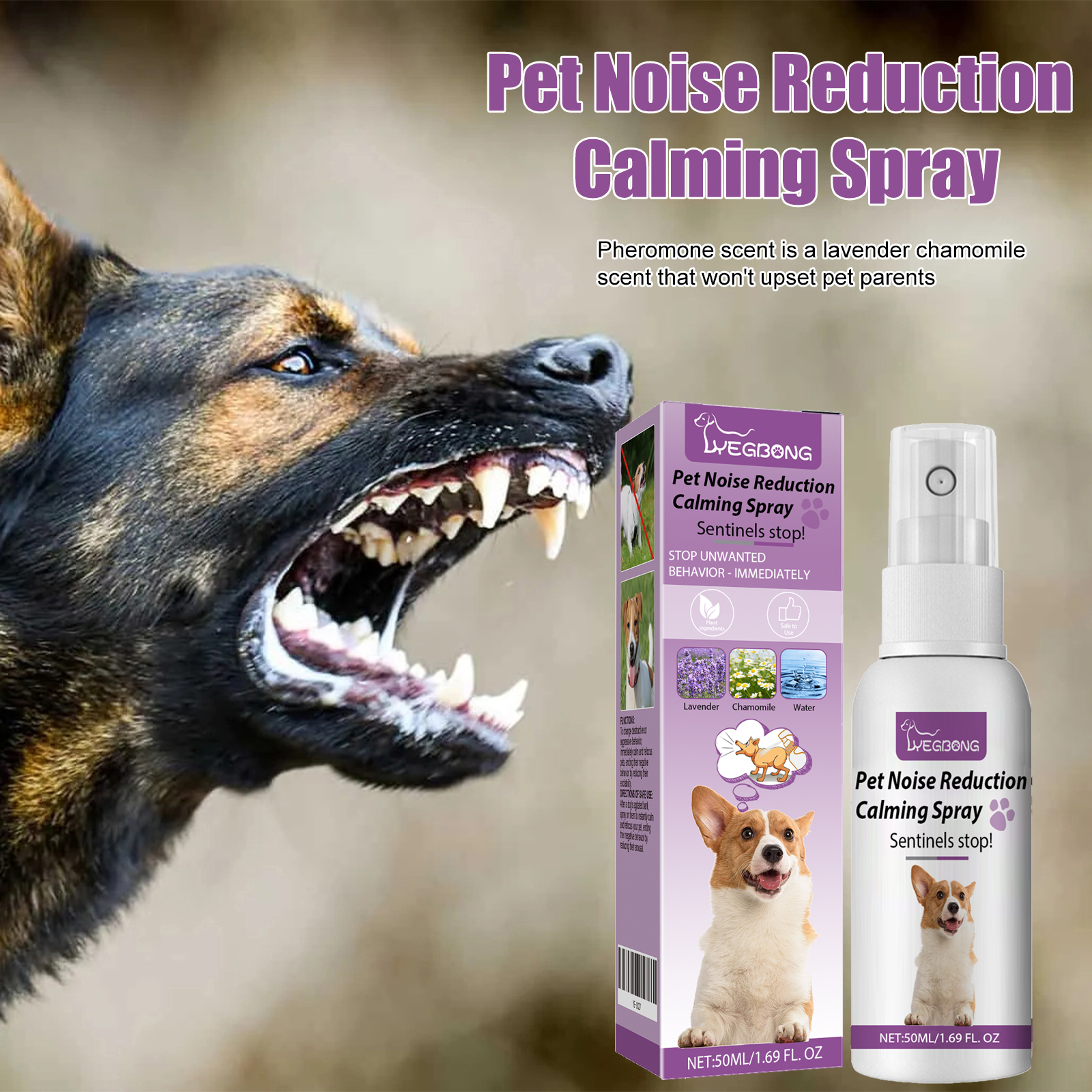 Lavender chamomile spray packaging for dogs