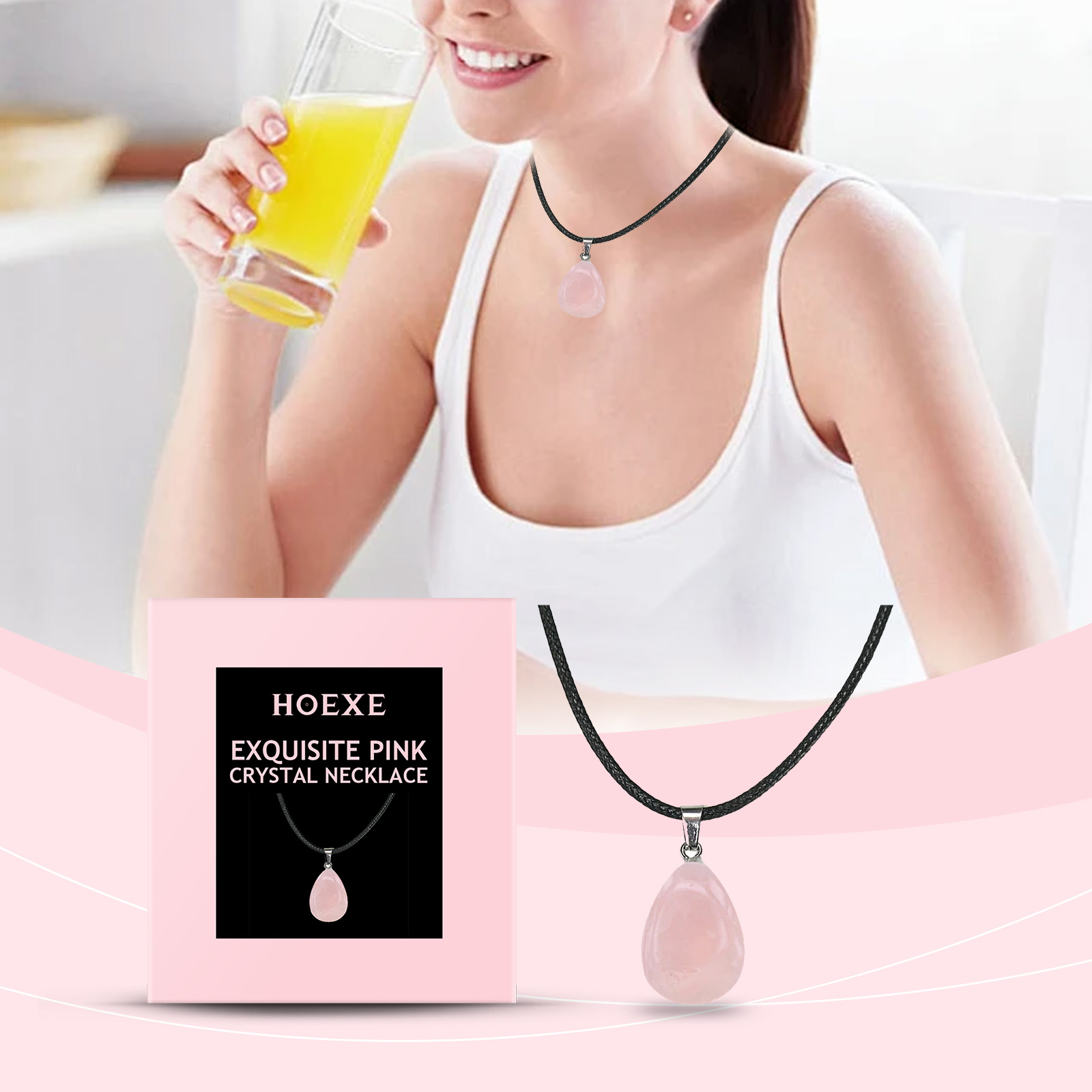 Woman styling pink necklace with relaxed everyday outfit