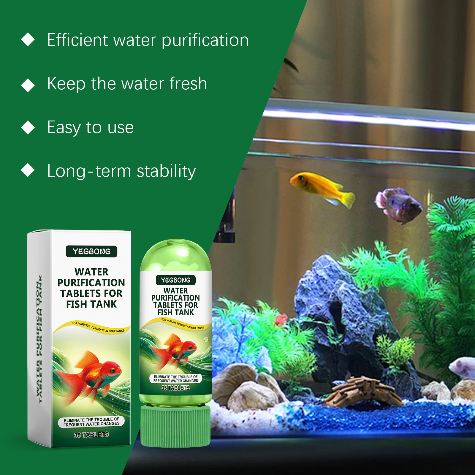 Aquarium purification packaging with freshwater care claims