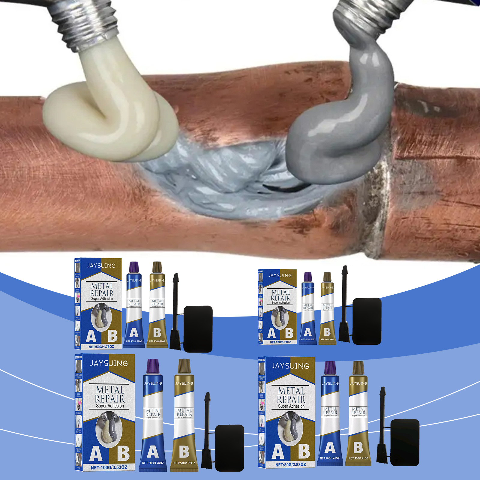 Two thick adhesive pastes applied to damaged copper pipe