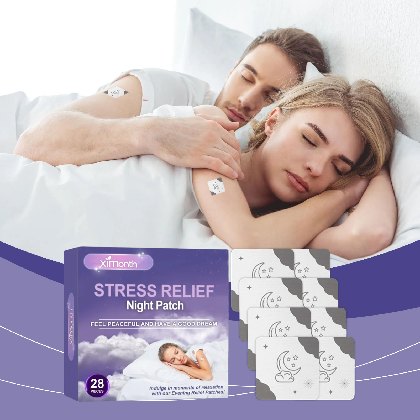 Couple sleeping peacefully with night patches on arms