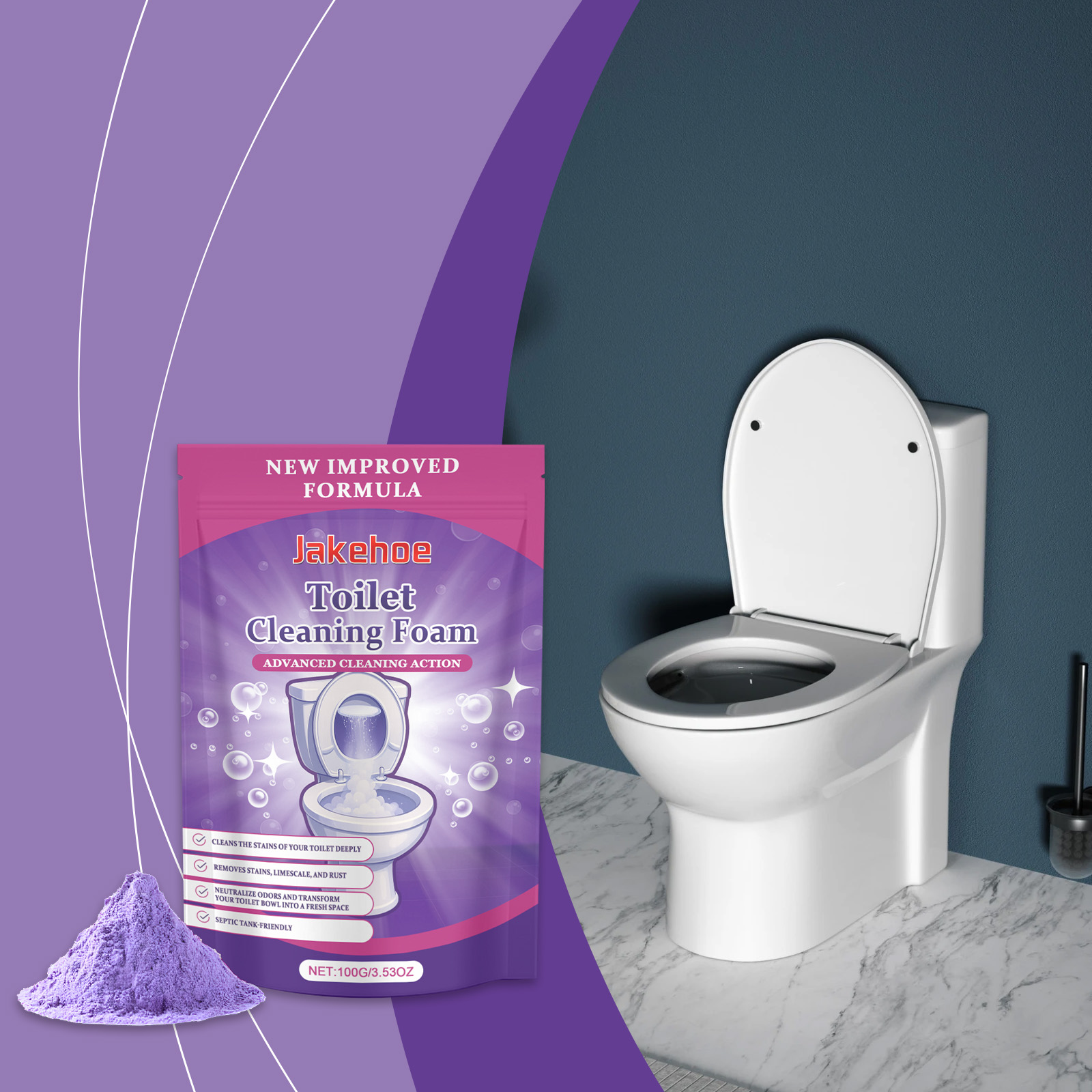 Product pouch displayed next to modern white toilet in contemporary bathroom setting with purple accent background