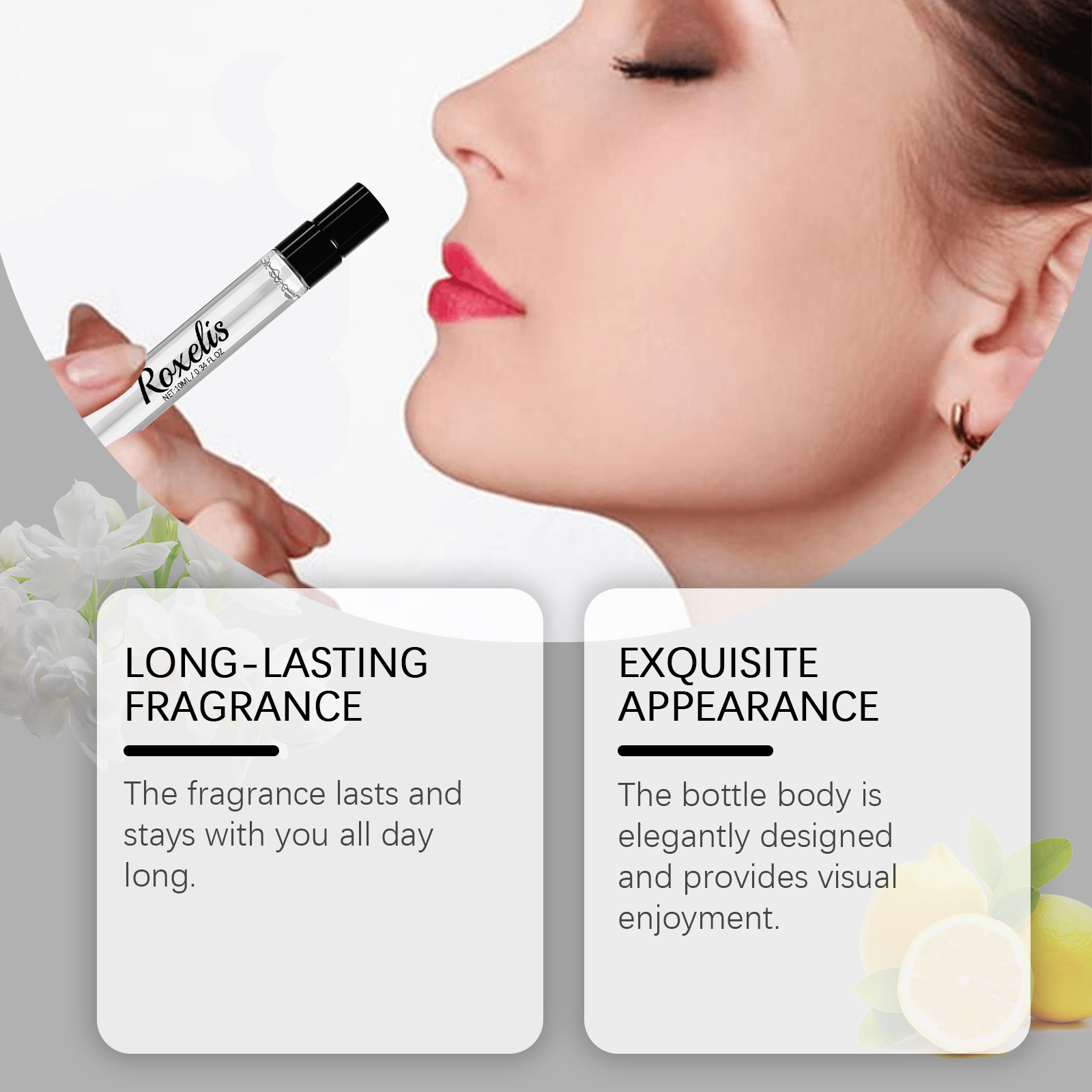 Woman applying lemon fragrance near her face