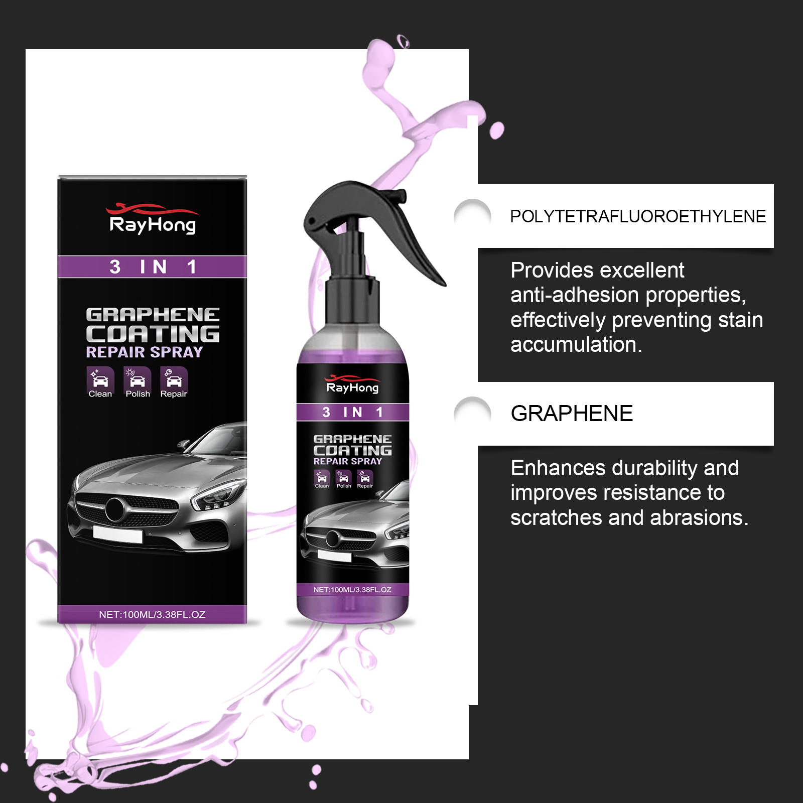 Graphene PTFE automotive coating bottle and carton closeup
