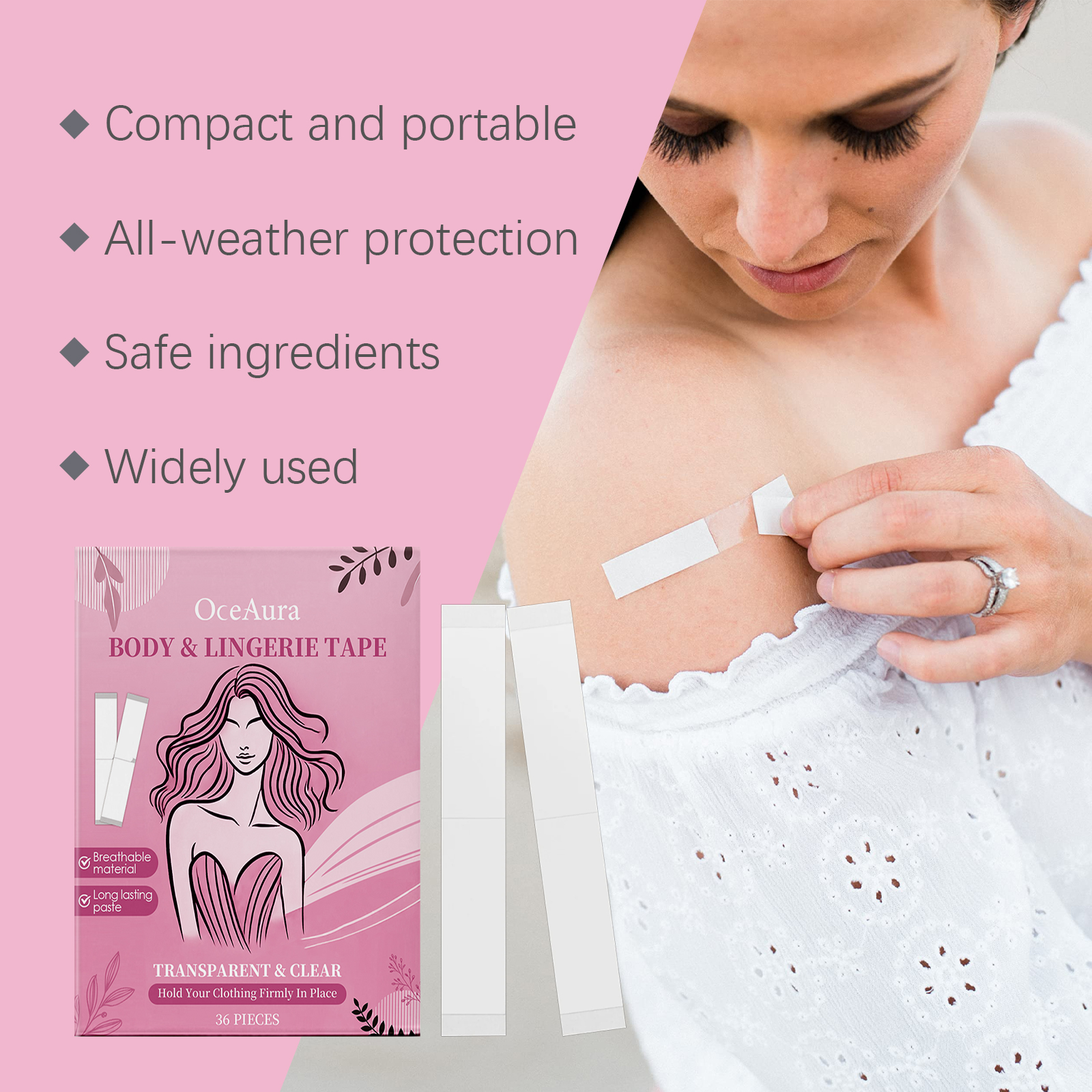 Hands placing a discreet adhesive strip on clothing