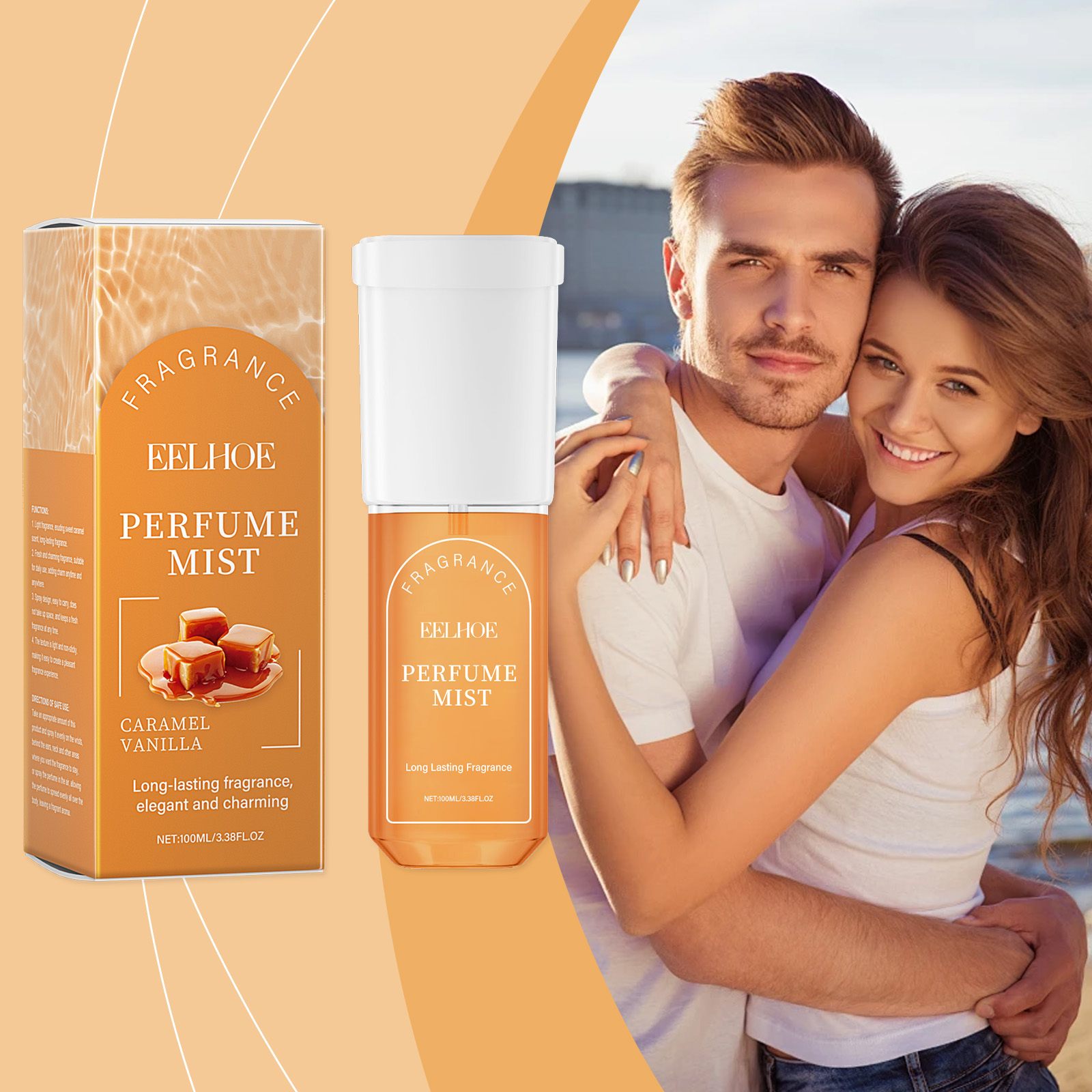 Caramel vanilla fragrance box beside romantic lifestyle scene