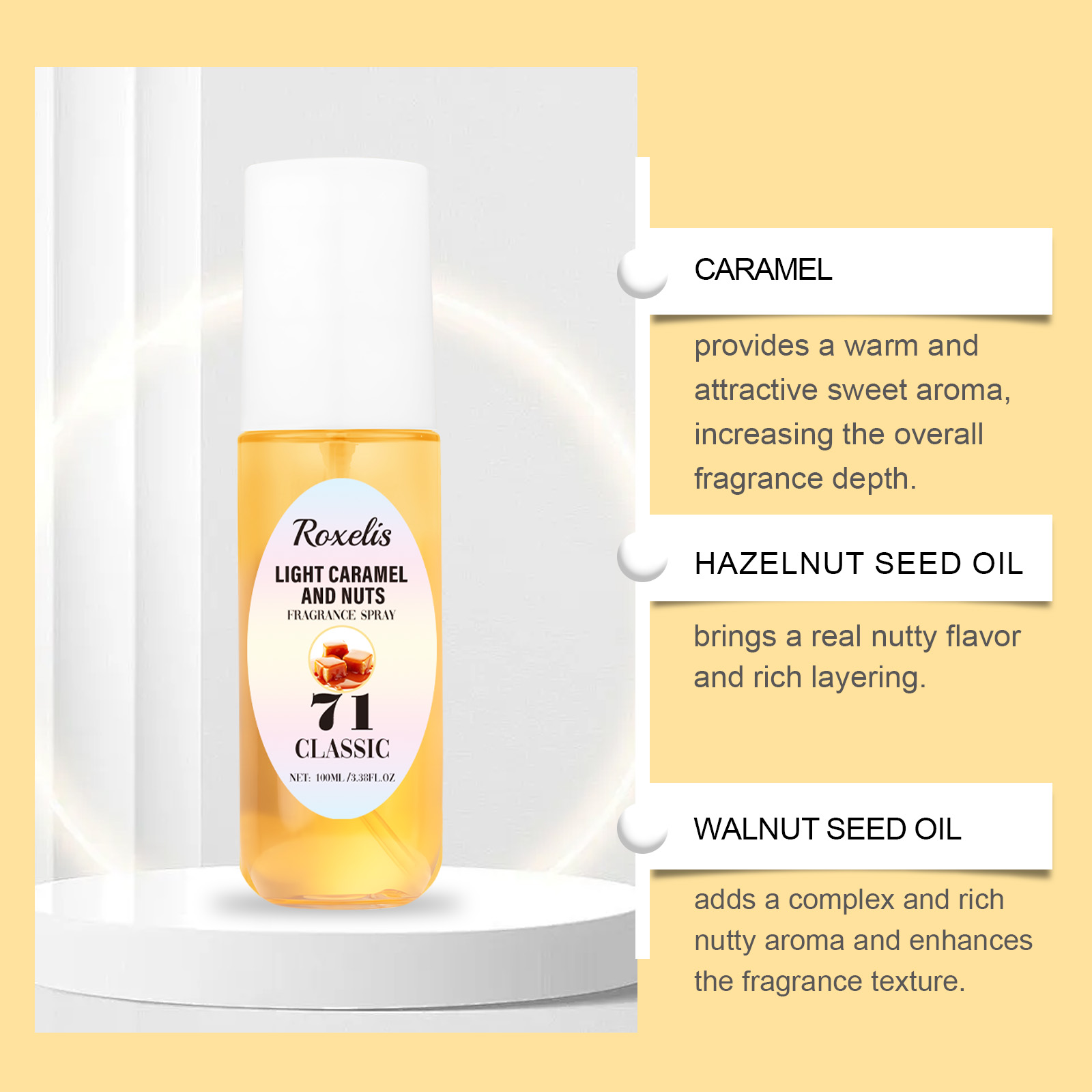 Roxelis bottle with caramel, hazelnut, and walnut ingredient callouts