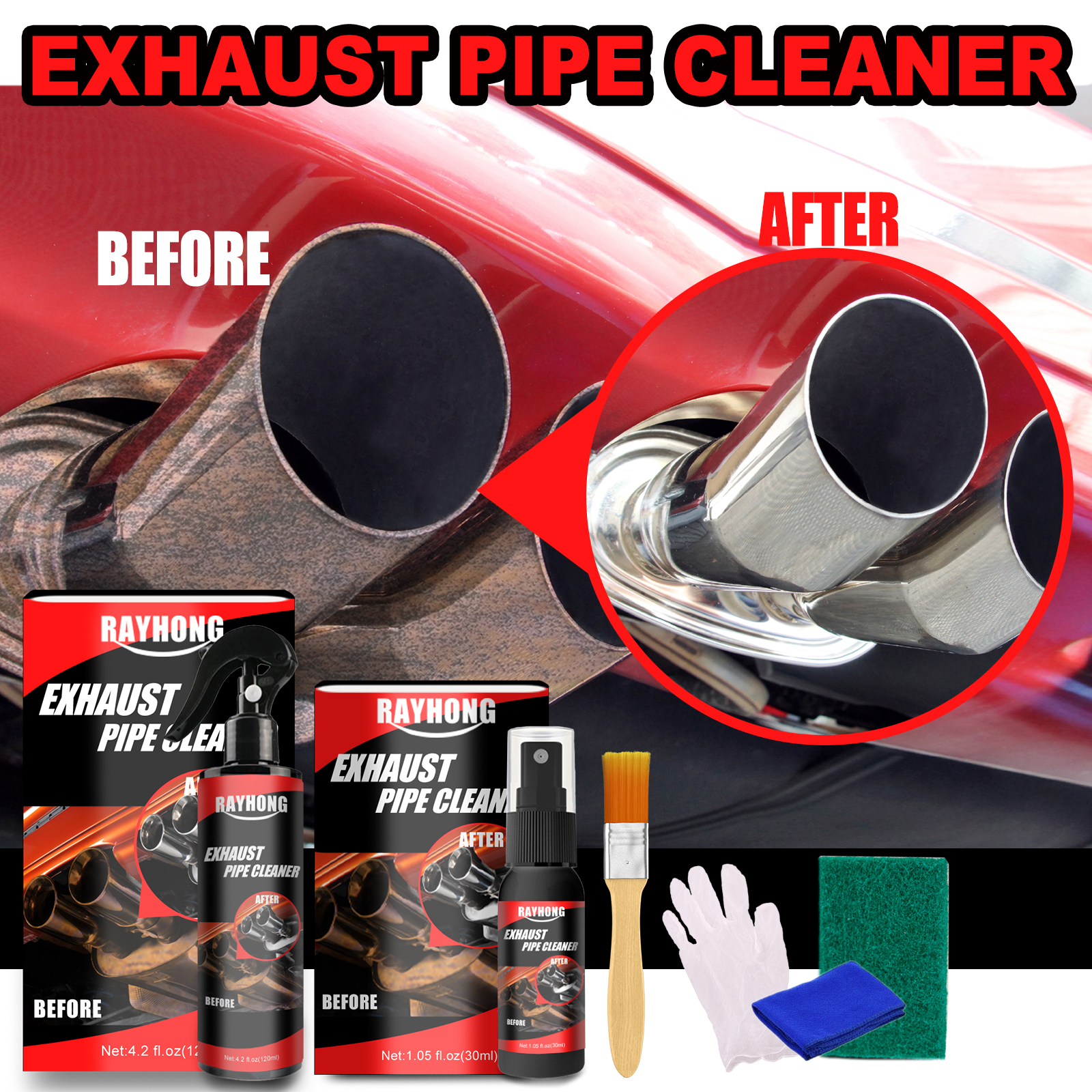 Before and after exhaust surfaces showing cleaner brighter appearance