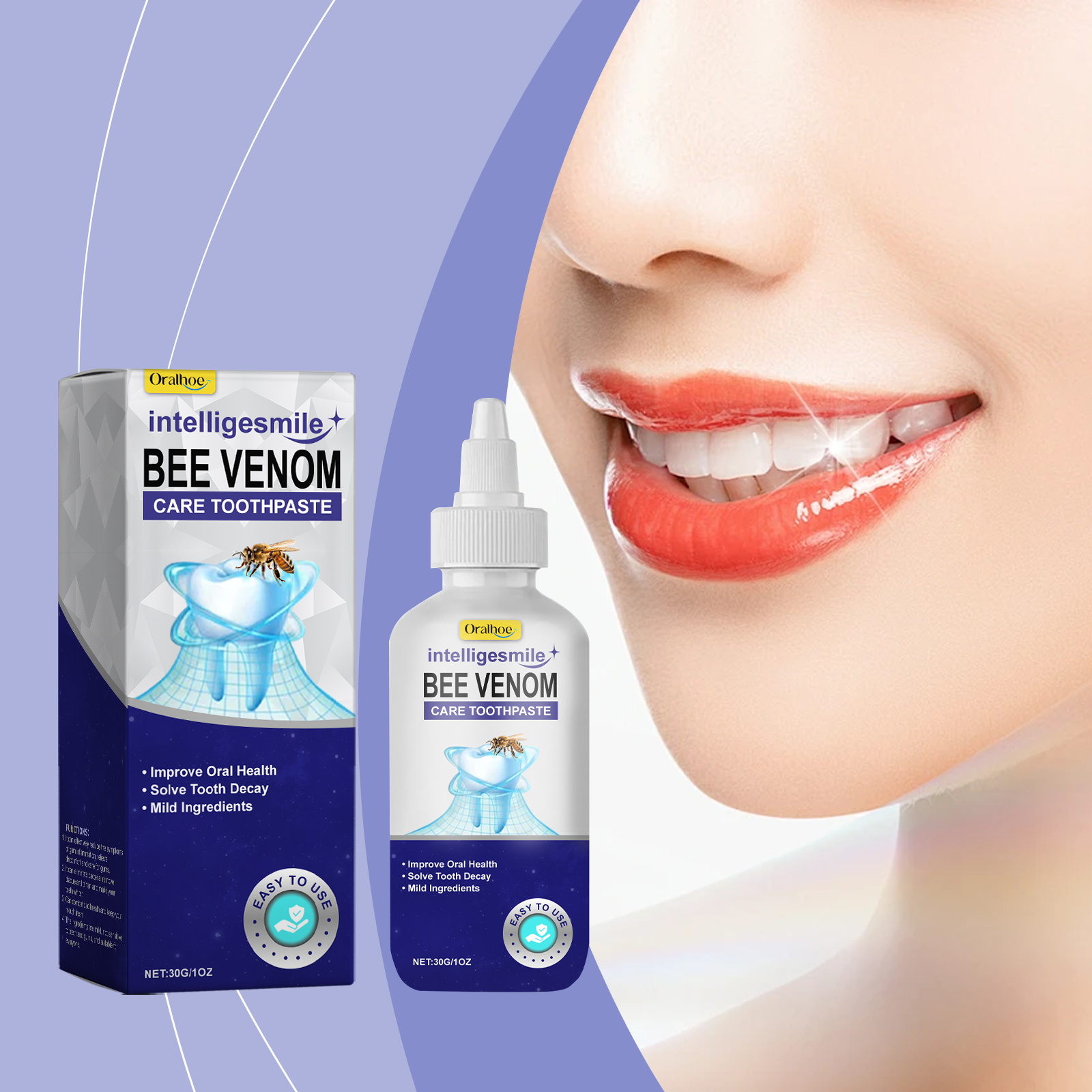 Toothpaste beside bright smile and glossy lips