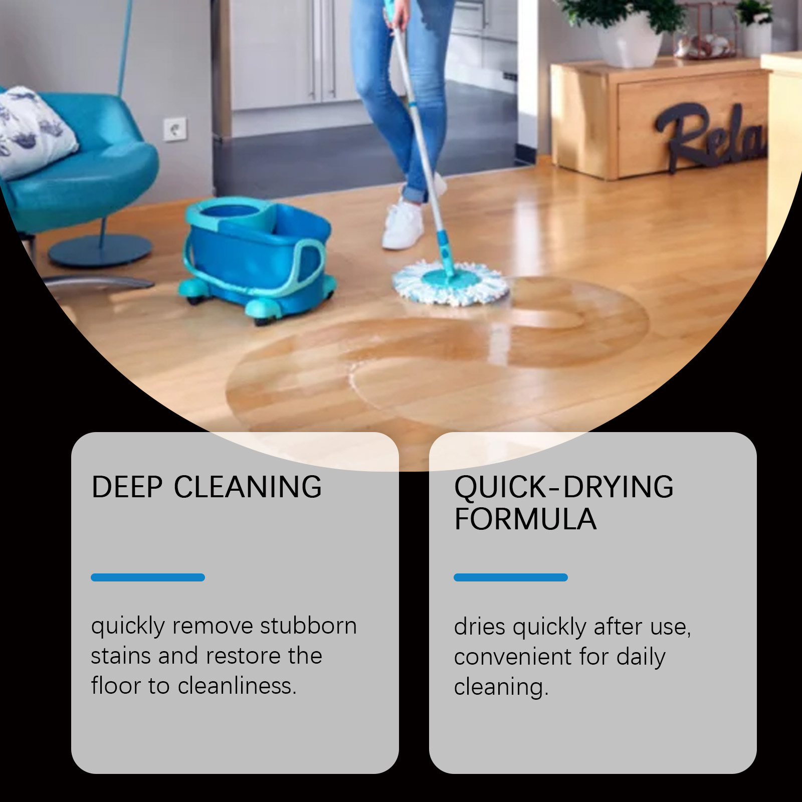 Mop gliding across tile floor leaving a bright wet sheen during cleaning