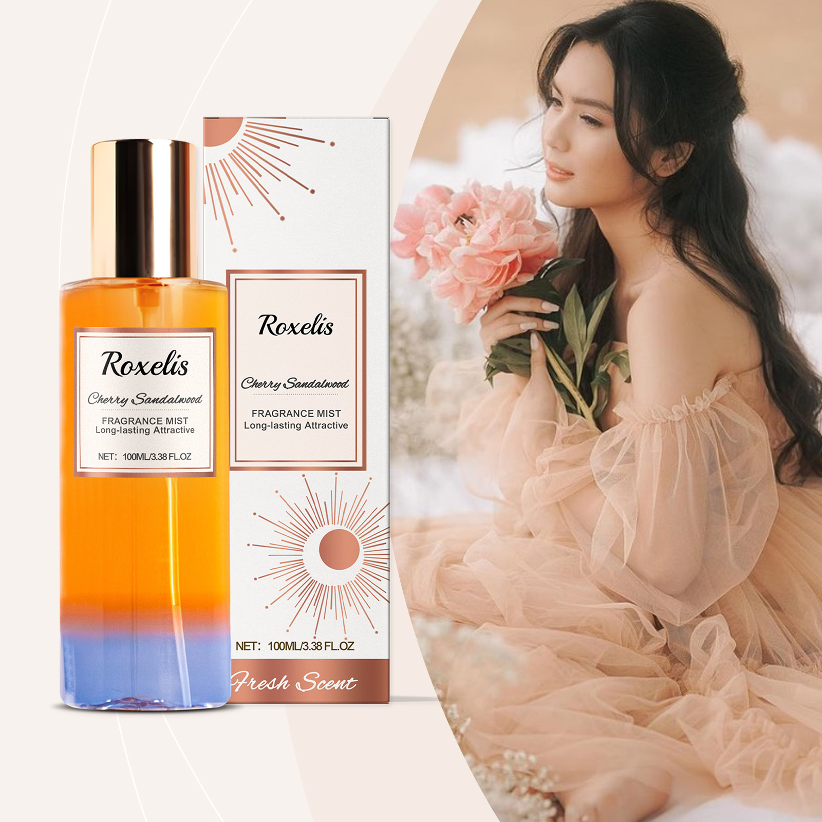 Woman in peach dress holding flowers with fragrance mist