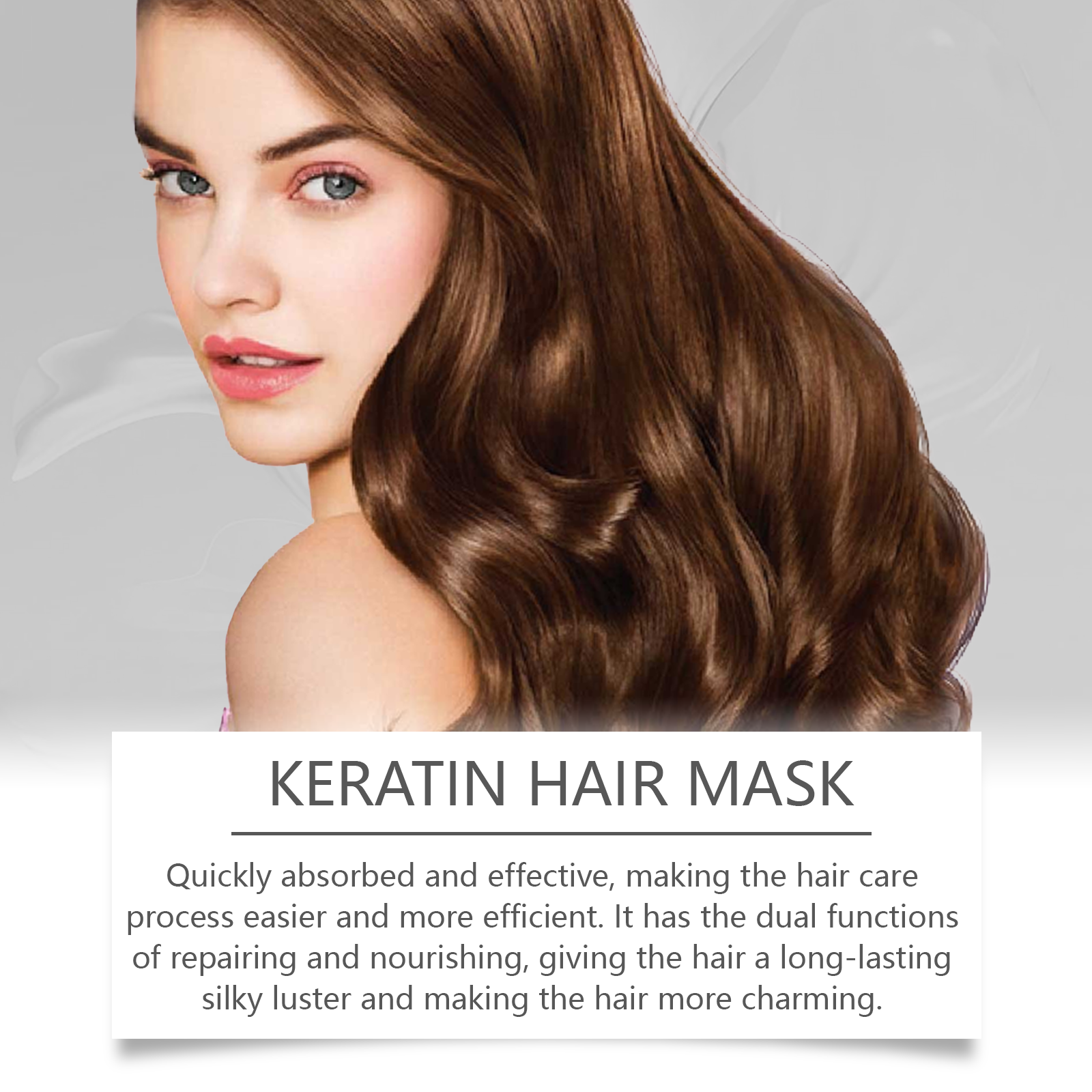 Glossy brown hair beside keratin mask care claims